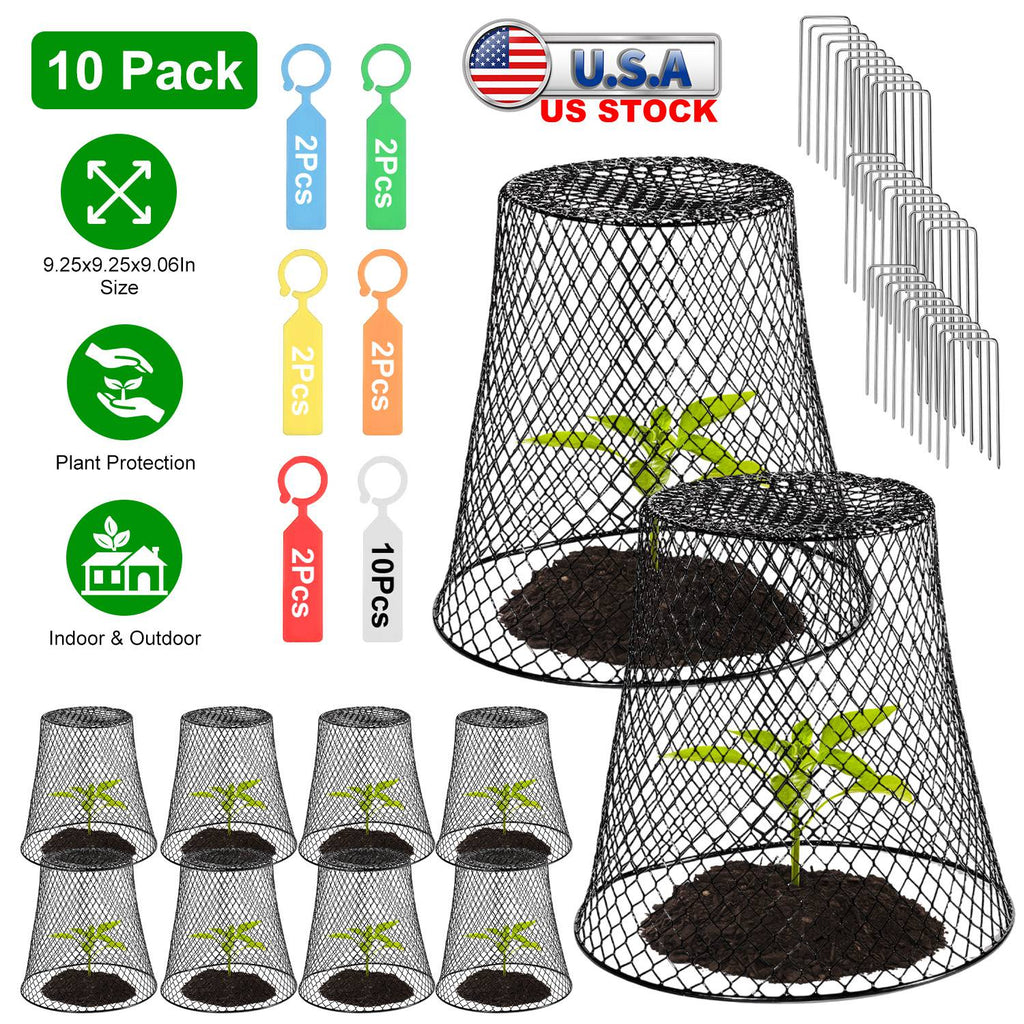10Pack 9.25x9.25in Chicken Wire Cloches Plant Covers Metal Garden Cages Heavy Duty Plant Protectors with 30 Stakes 20 Labels Keep Bunnies Chicken Squi