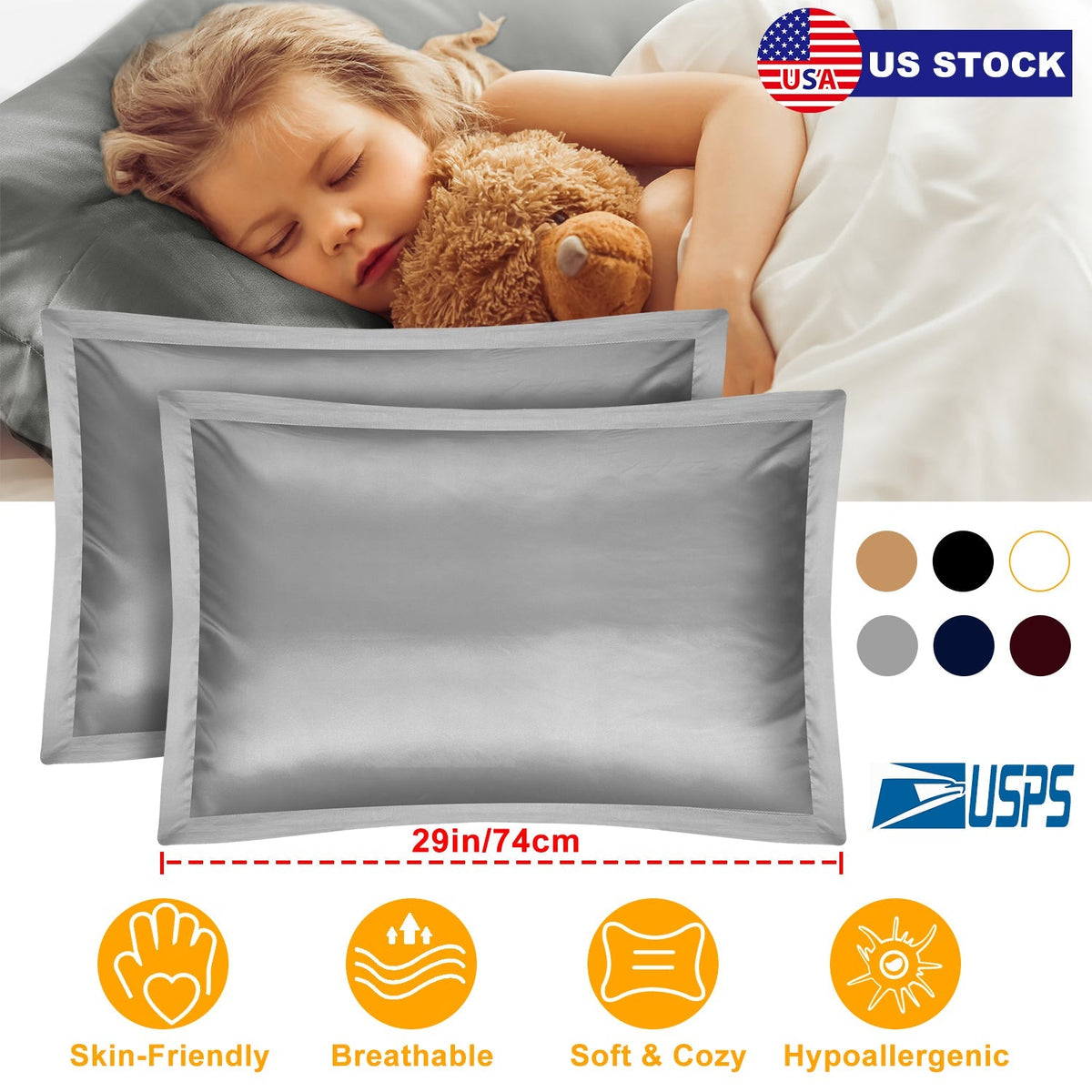2 Pack Soft Silky Satin Pillow Case Hypoallergenic Breathable Bed Pillow Cover Queen Size Pillowcase Great for Hair Skin