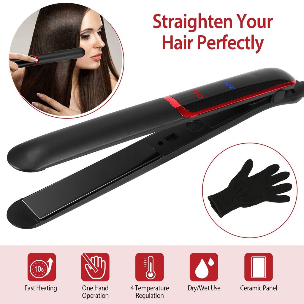 Hair Straightener Curling Iron 2 In 1 Twist Hair Straightener Ceramic Plate Hair Curler w/ Temperature Adjust LCD Display Glove