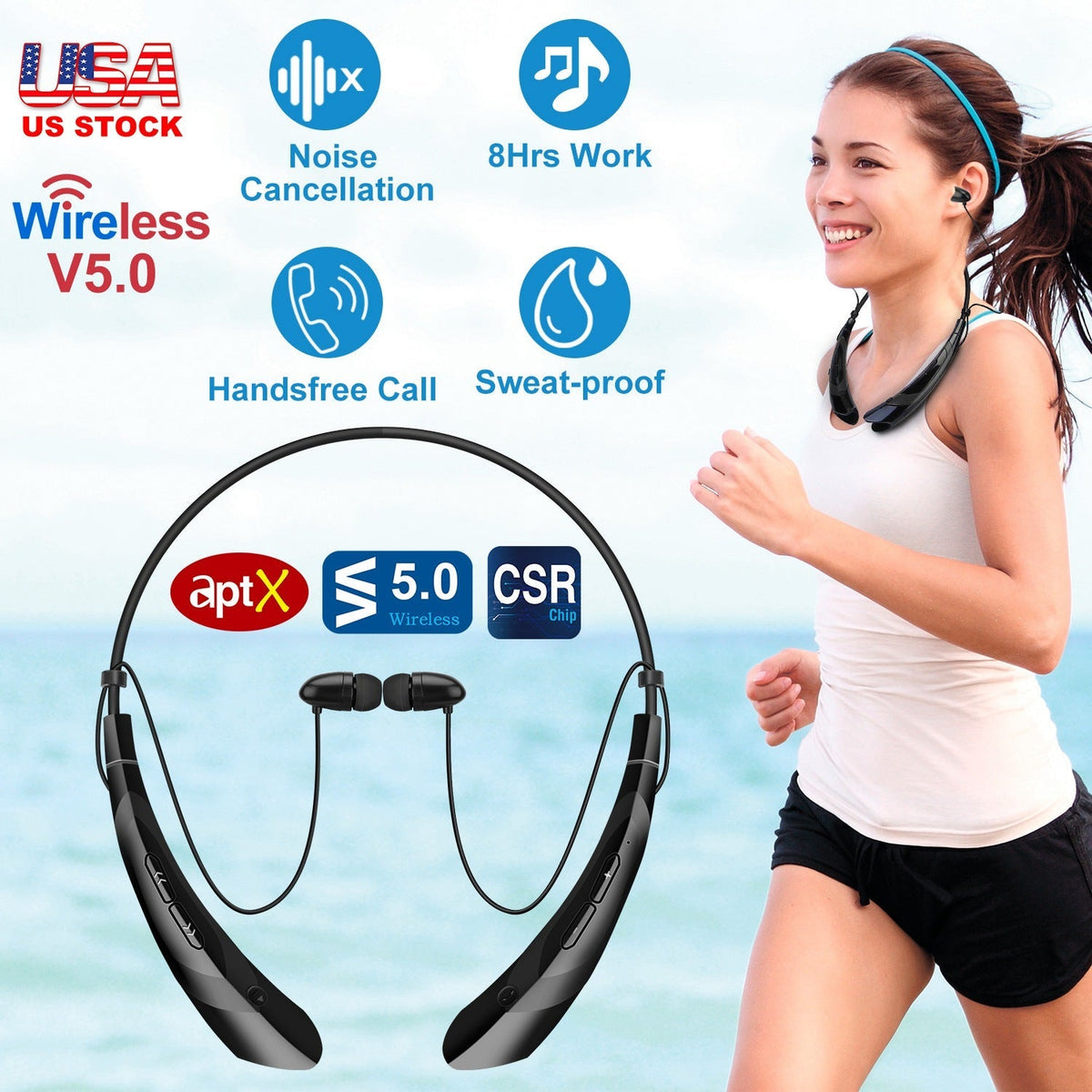 Wireless Neckband Headphones V5.0 Sweat-proof Sport Headsets Earbuds In-Ear Magnetic Neckbands Stereo Earphone Deep Bass Earphone w/Mic