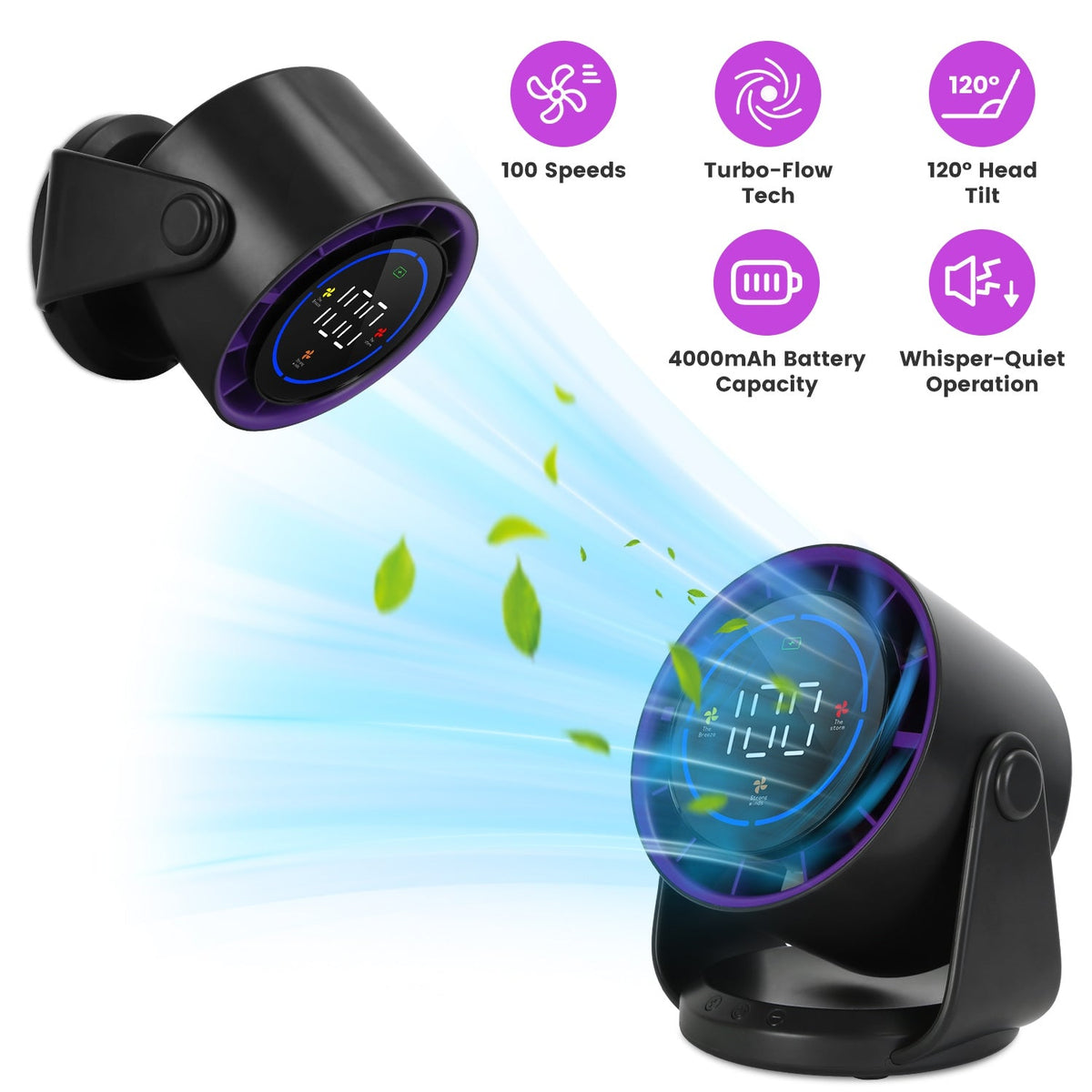 100 Speeds Desk Fan Battery Operated Wall Mounted Fan Rechargeable Mini Desk Fan with 120¼ Tilting Angle for Home Office Travel