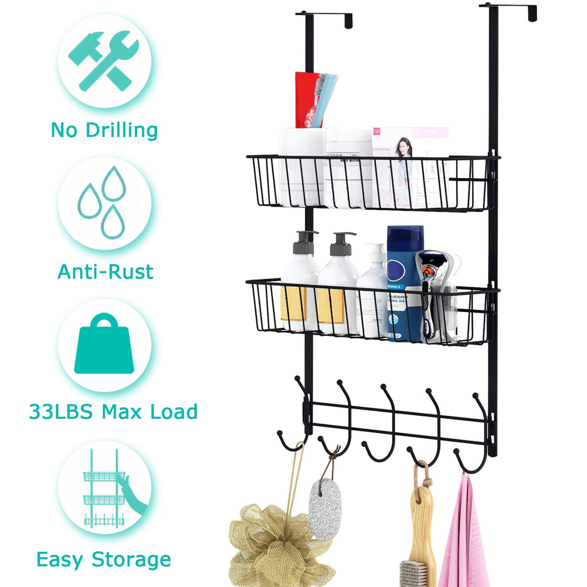 Over The Door Hooks Organizer Door Towel Rack Hanger 5 Hooks with 2 Metal Baskets for Bathroom Bedroom Kitchen Storage Shelf