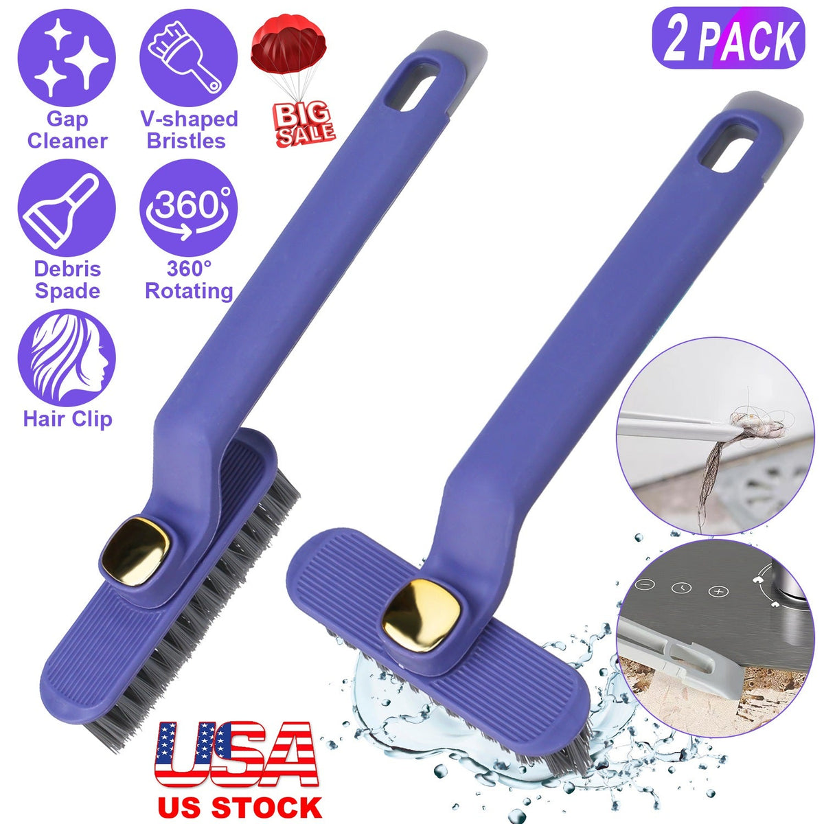 2 Pack Multi-Function Rotating Crevice Cleaning Brush Stiff Bristle Brush Gap Cleaner with 2-In-1 Clip and Spade for Tight Spaces Bathroom Kitchen