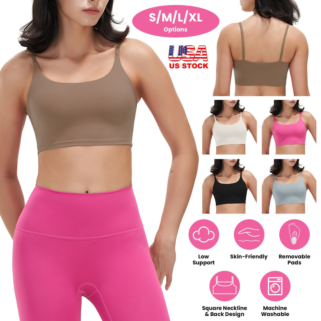 Women Strap Sport Bras Padded StrappyÊCrop Square Neck Low Impact Bras SexyÊFitnessÊTank Tops with Removable Pads Flat Straps for Gym Yoga Workout Run
