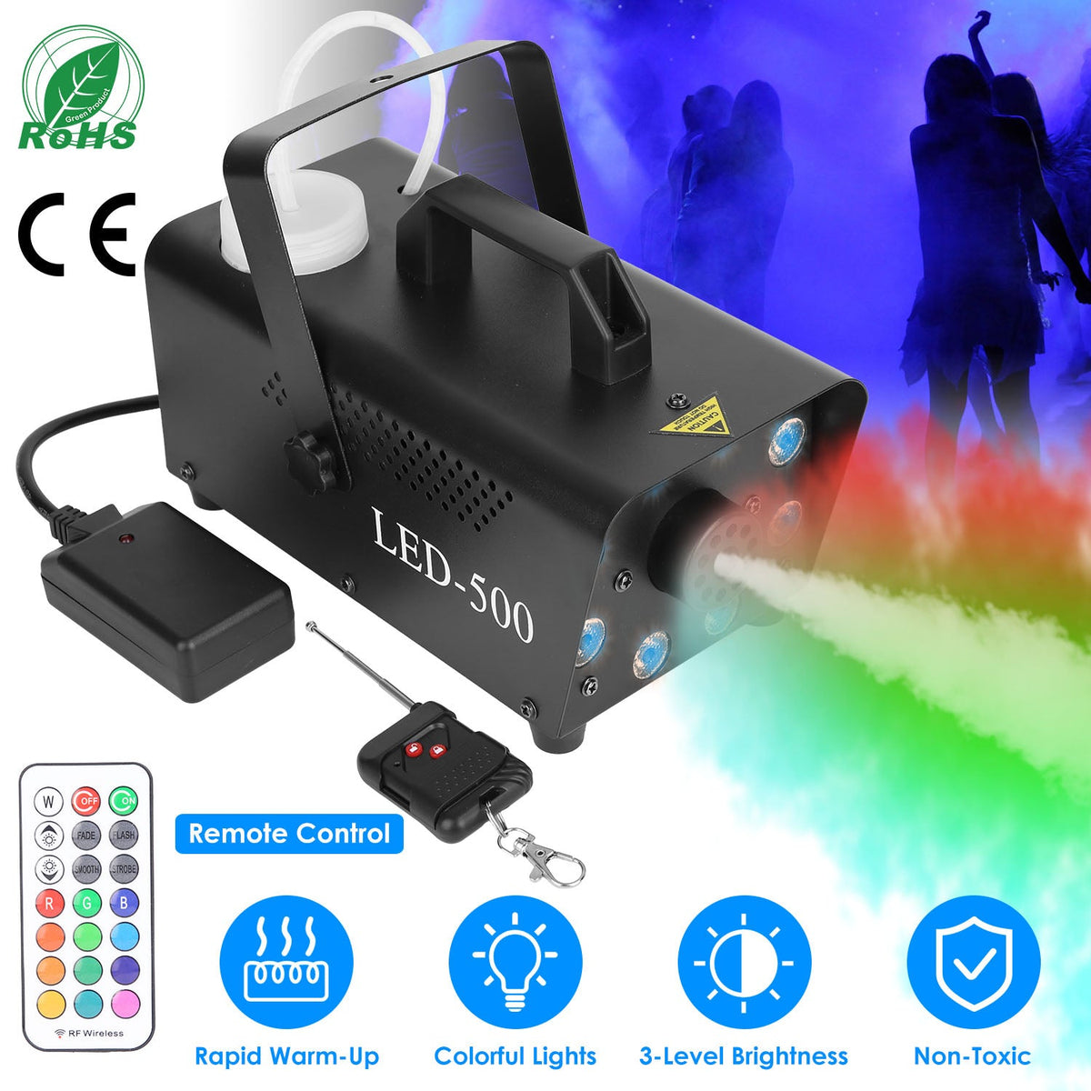 500W Fog Machine 2000CFM Colorful Smoke Machine with 8Pcs LEDs 5 Lighting Effects 3-Level Brightness