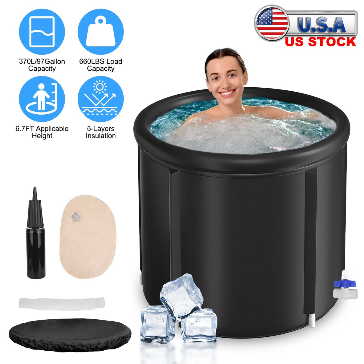97Gal Large Size Ice BathTub with Cover for Adults Athletes Recovery Cold Water Therapy Outdoor Portable Cold Plunge Tub 660LBS Load Capacity 33.46x29