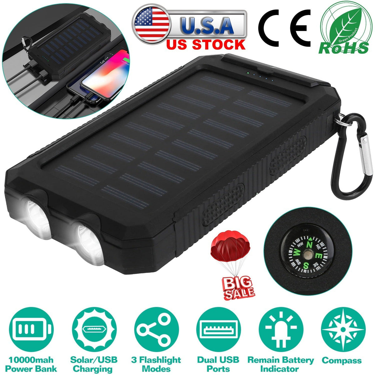 10000mAh Solar Power Bank External Battery Pack Dual USB Ports Outdoor Charger with Battery Indicators SOS LED Lights Compass Camping Hiking
