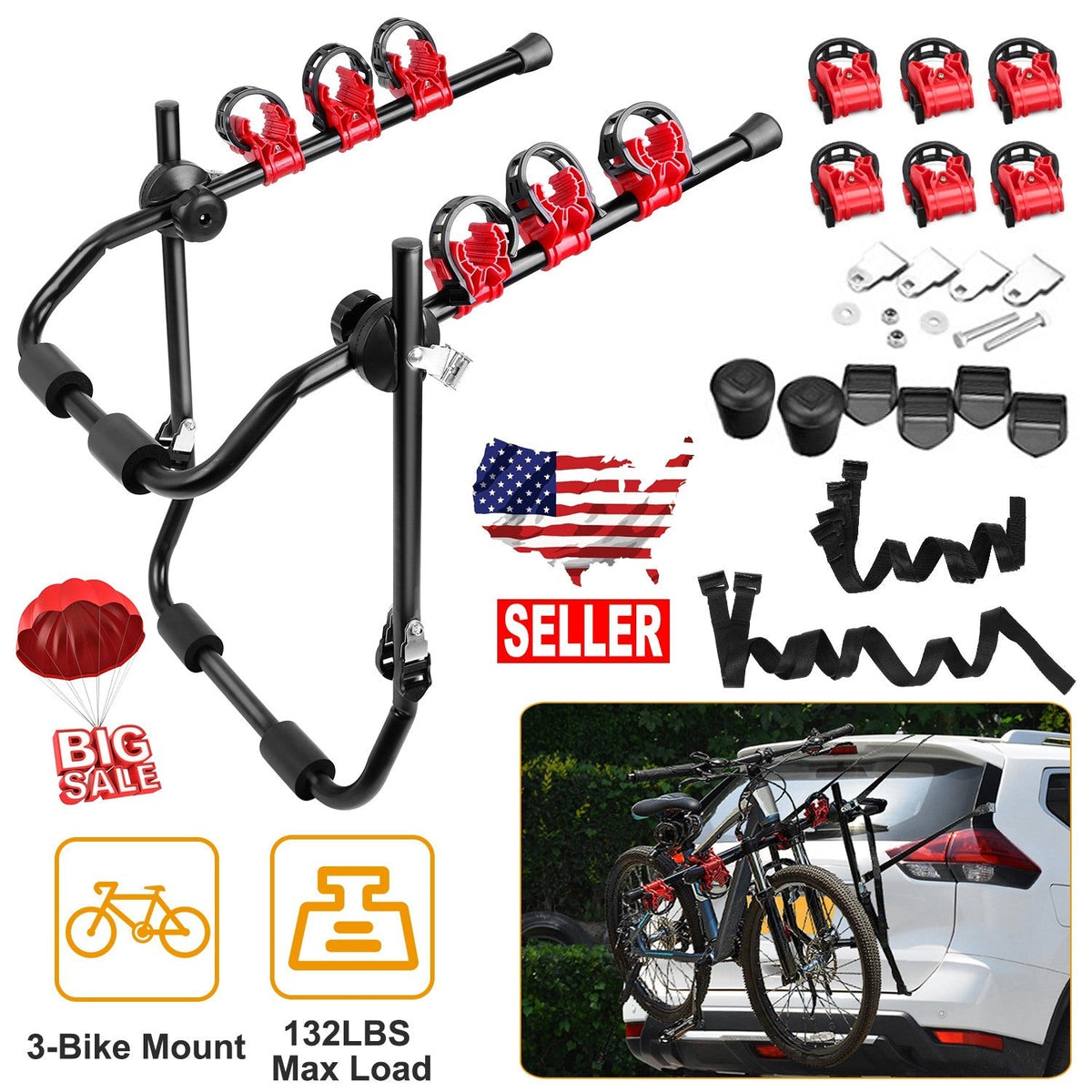 Car Bicycle Stand Rack 132LBS Load Hitch 3-Bike Auto Rear Carrier Mount Fit For Sedans Hatchback Car SUV