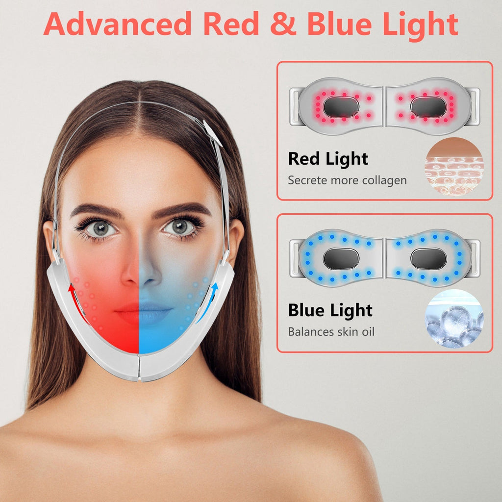 Double Chin Reducer Machine Electric Face Lift Device V Face Shaping Massager with Red Blue Light 4 Mode 3 Intensity Level Adjustable Belt
