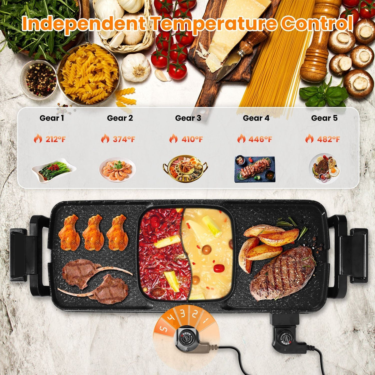 2 in 1 Electric Hot Pot with Grill 2800W Smokeless Non-Stick Korean BBQ Grill Shabu Shabu Hot Pot Combo with Independent Temperature Control 5 Gears F