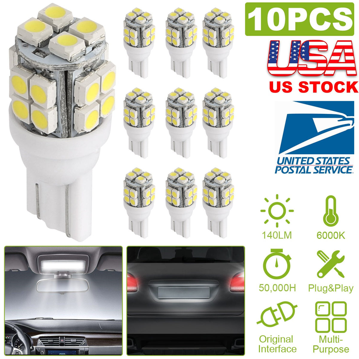 10Pcs 12V T10 LED Light Bulb Wedge Base Interior Dome Map LED Lights License Plate Trunk Side Positioning Lights 6000K White