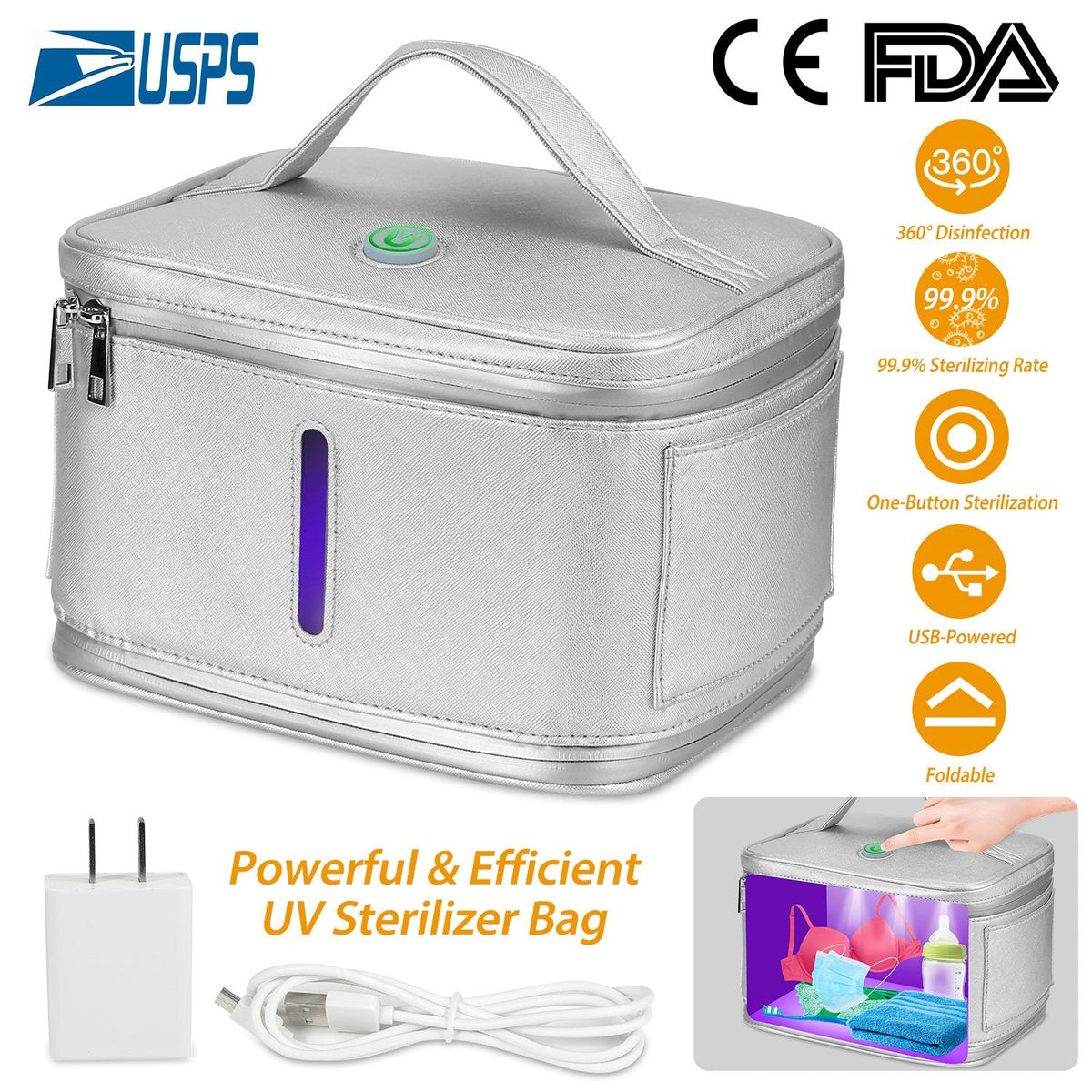 Foldable UV Disinfection Bag 20L/5.28Gal Portable LED UV Sanitizer Box USB-Powered Travel UV-C Cleaner Bag for Baby Bottles Toys Underwear Toothbrush