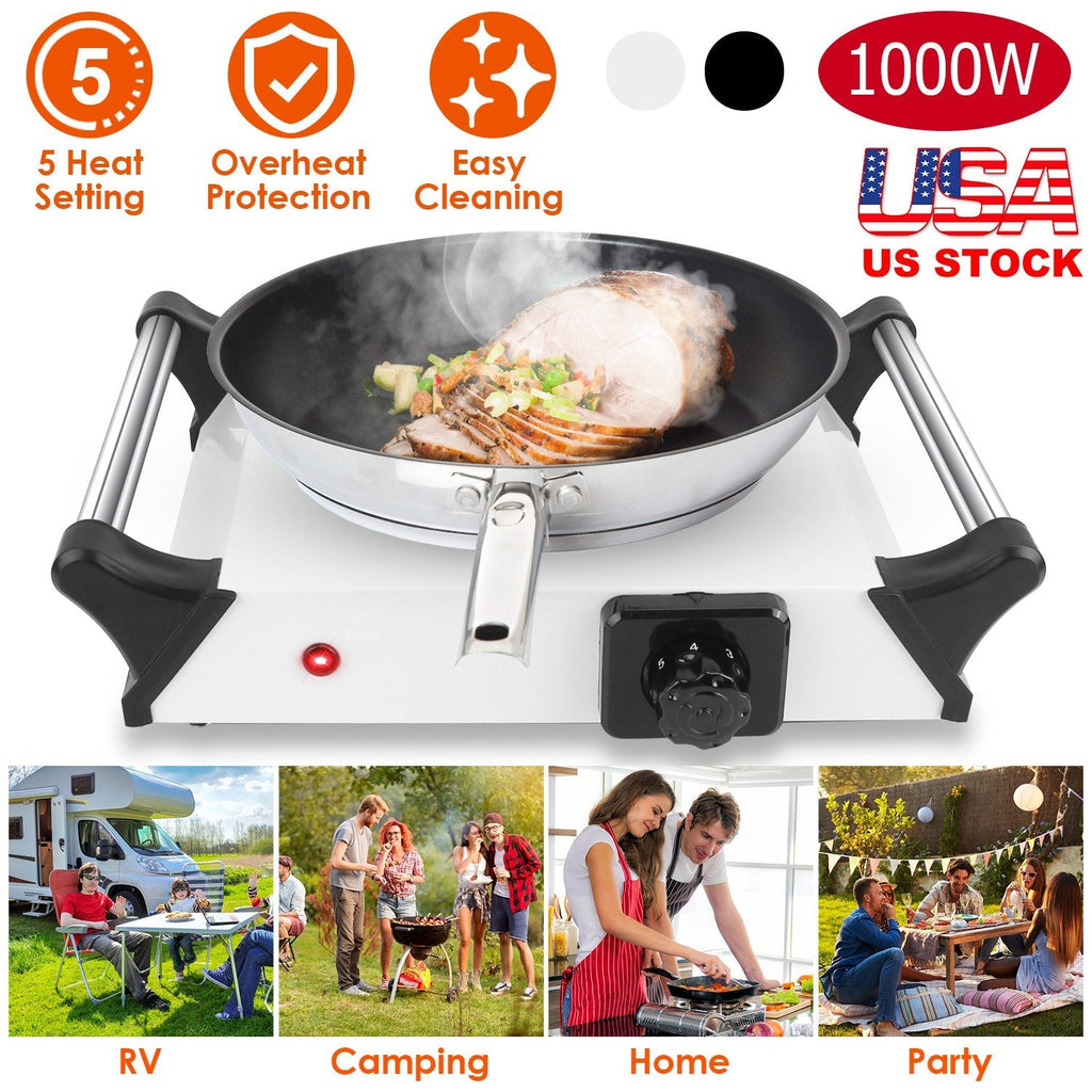 1000W Electric Single Burner Portable Heating Hot Plate Stove Countertop RV Hotplate with 5 Temperature Adjustments Portable Handles