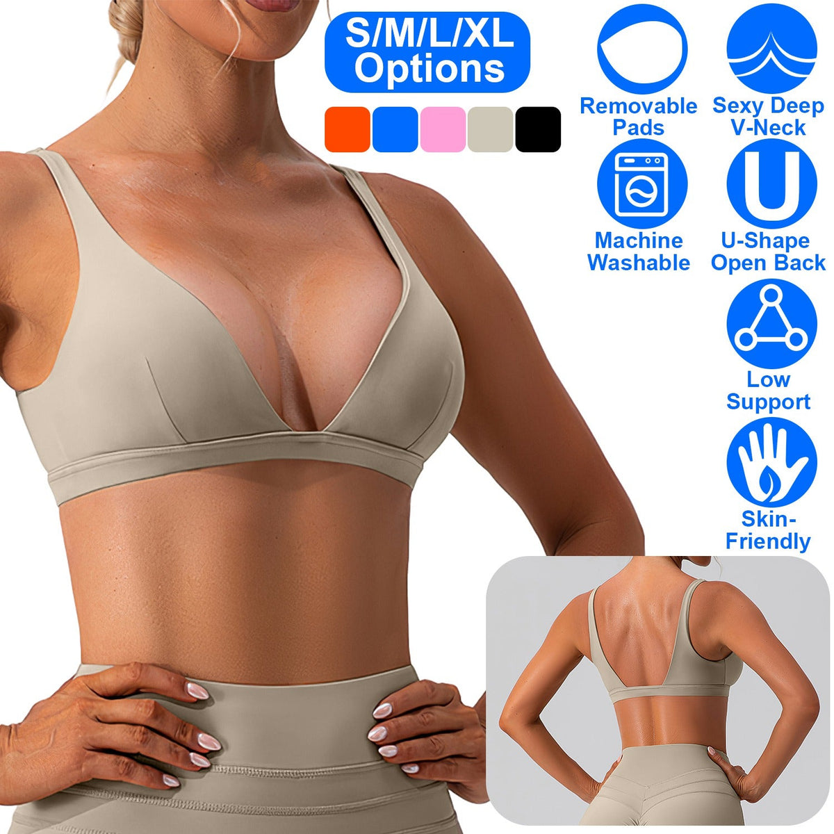 Women Deep V-Neck Sports Bras U-Shaped Back Sport Bras Padded StrappyÊCrop Open Back Low Impact Bras SexyÊFitnessÊTank Tops with Removable Pads for Gy