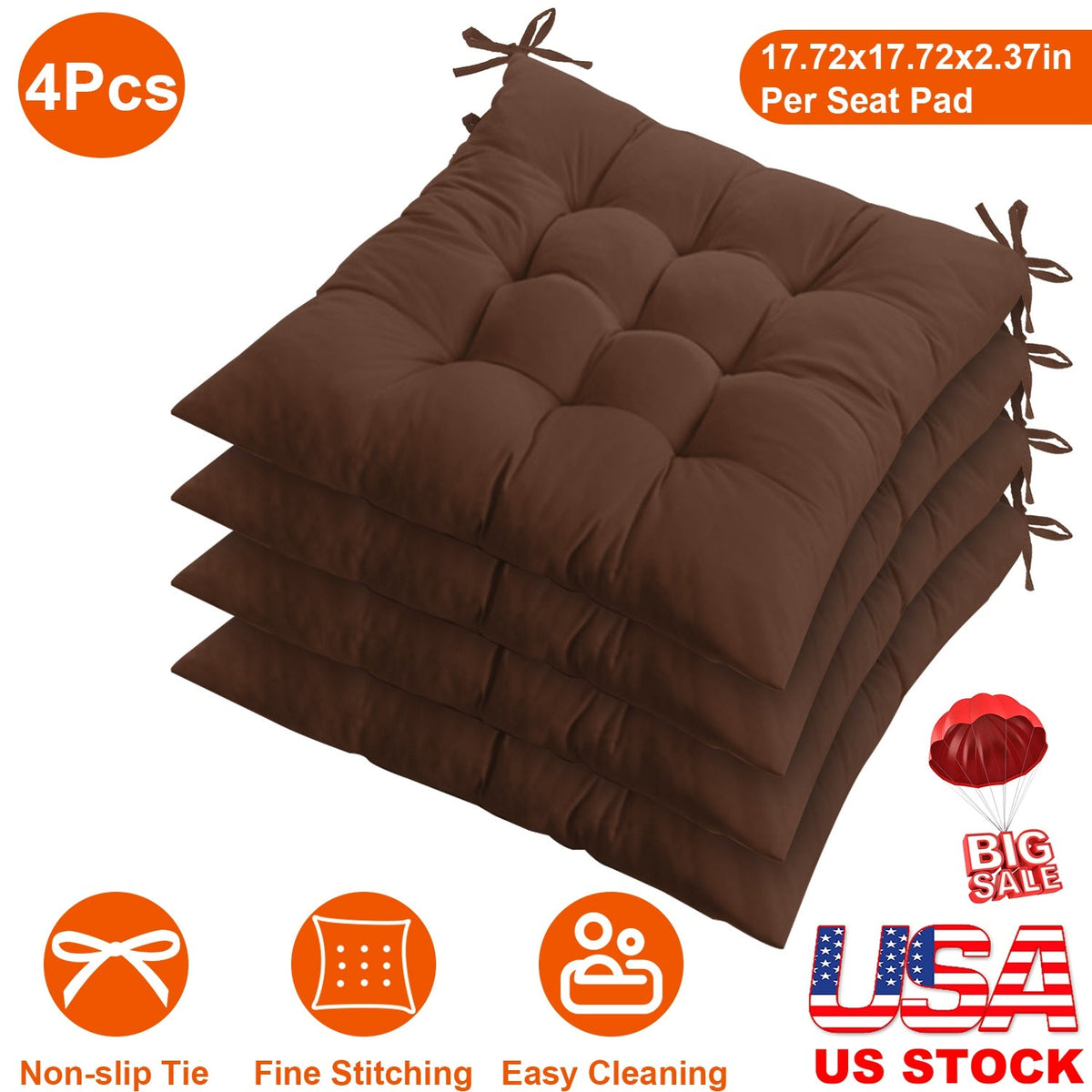 4Pcs Chair Cushion Pads Pillow 17.72x17.72x2.37in Soft Tie On Square Sitting Mats For Home Office Car Sitting Travel