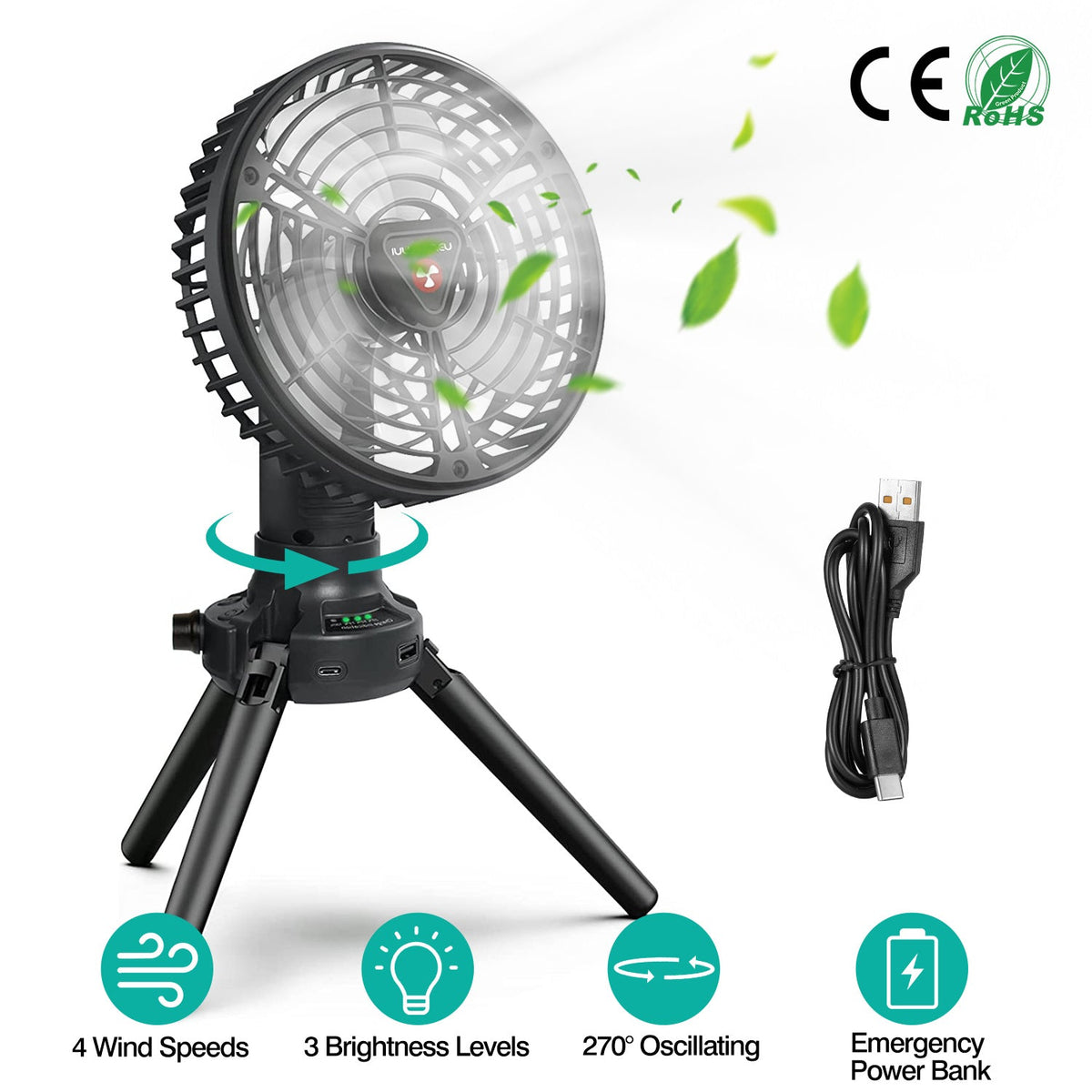Foldable Camping Fan with Emergency Power Bank 270¡ Oscillating Rechargeable Tripod Fan for Hiking Fishing Personal Desk Fan with 4 Speeds 3 Brightnes