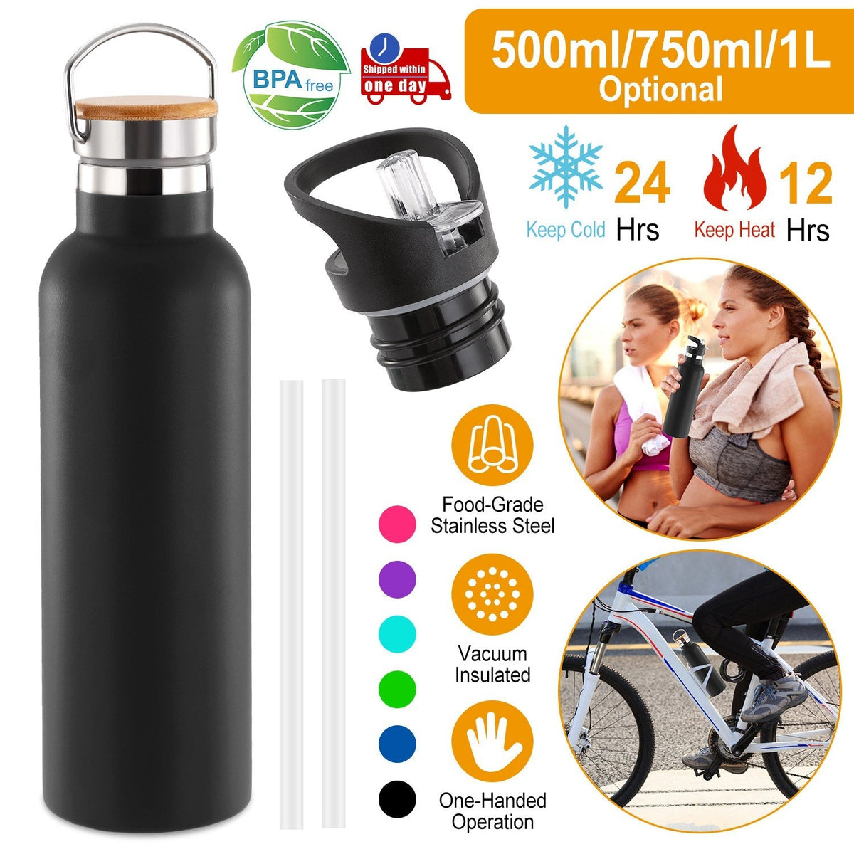 Sports Water Bottle Stainless Steel Vacuum-Insulated Drinking Cup w/ Straws Outdoor Cycling Hiking