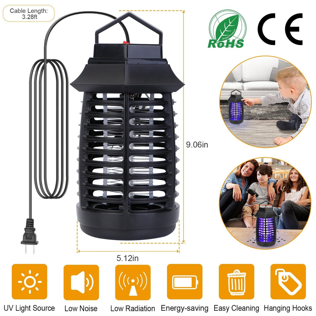 Bug Zapper Electric UV Mosquito Killer Lamp Insect Killer Light Pest Fly Trap Catcher Harmless Odorless Noiseless Narrow Safe Gap For Home Restaurant