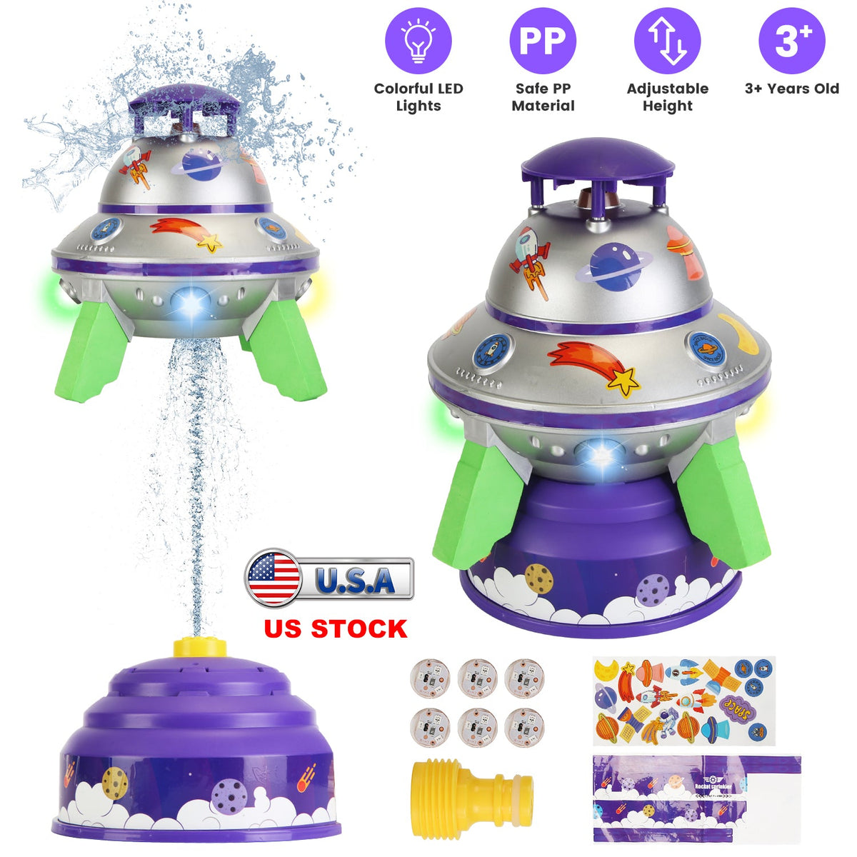 UFO Water Sprinkler Outdoor Summer Rocket Toy With Colorful LED Lights 360¡ Spinning 1.64FT To 6.56FT Adjustable Height Birthday Summer Gift For Girls