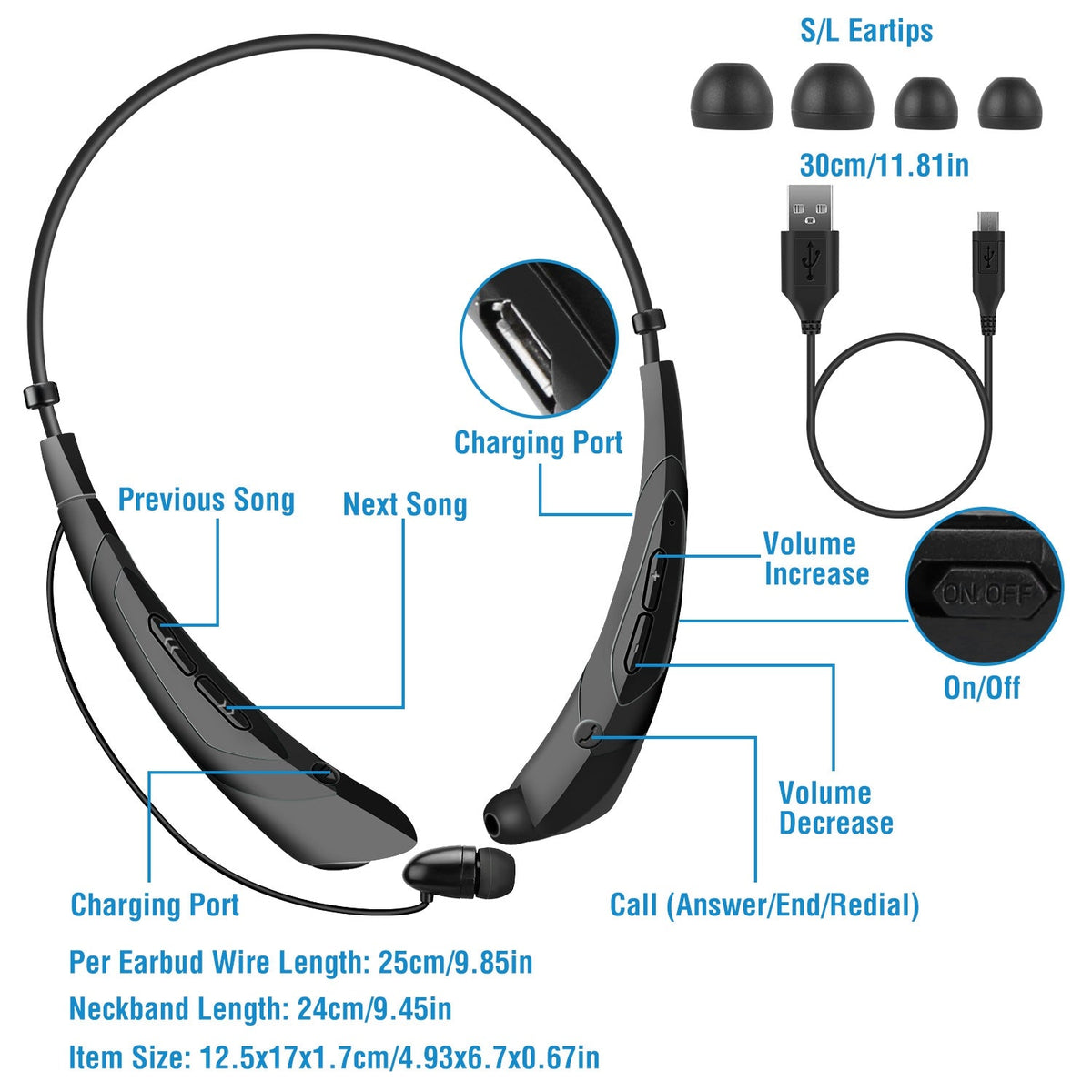 Wireless Neckband Headphones V5.0 Sweat-proof Sport Headsets Earbuds In-Ear Magnetic Neckbands Stereo Earphone Deep Bass Earphone w/Mic