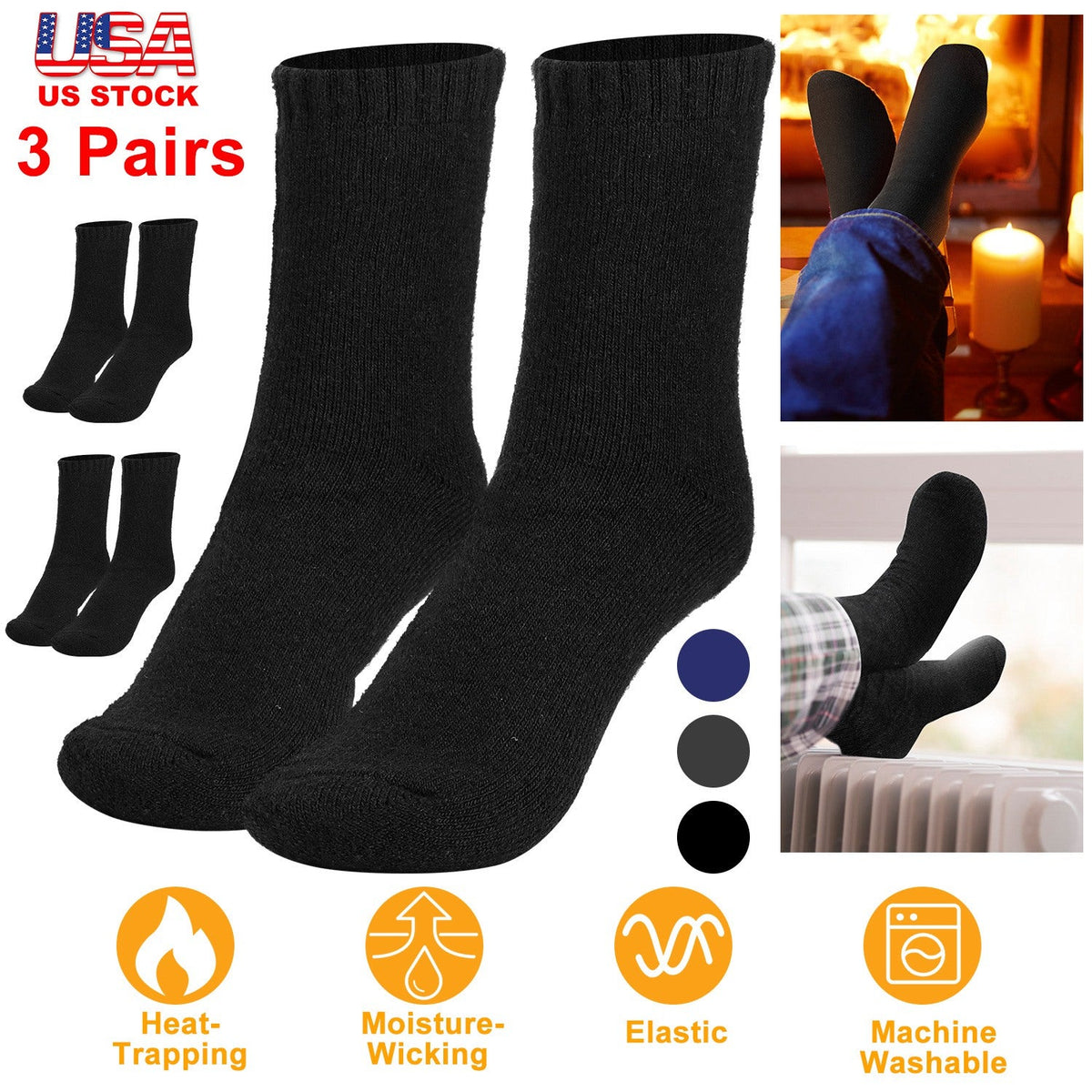 3 Pairs Men Warm Wool Socks Soft Cozy Winter Thermal Socks For Men Thick Heat-Trapping Moisture Wicking Socks Indoor Outdoor