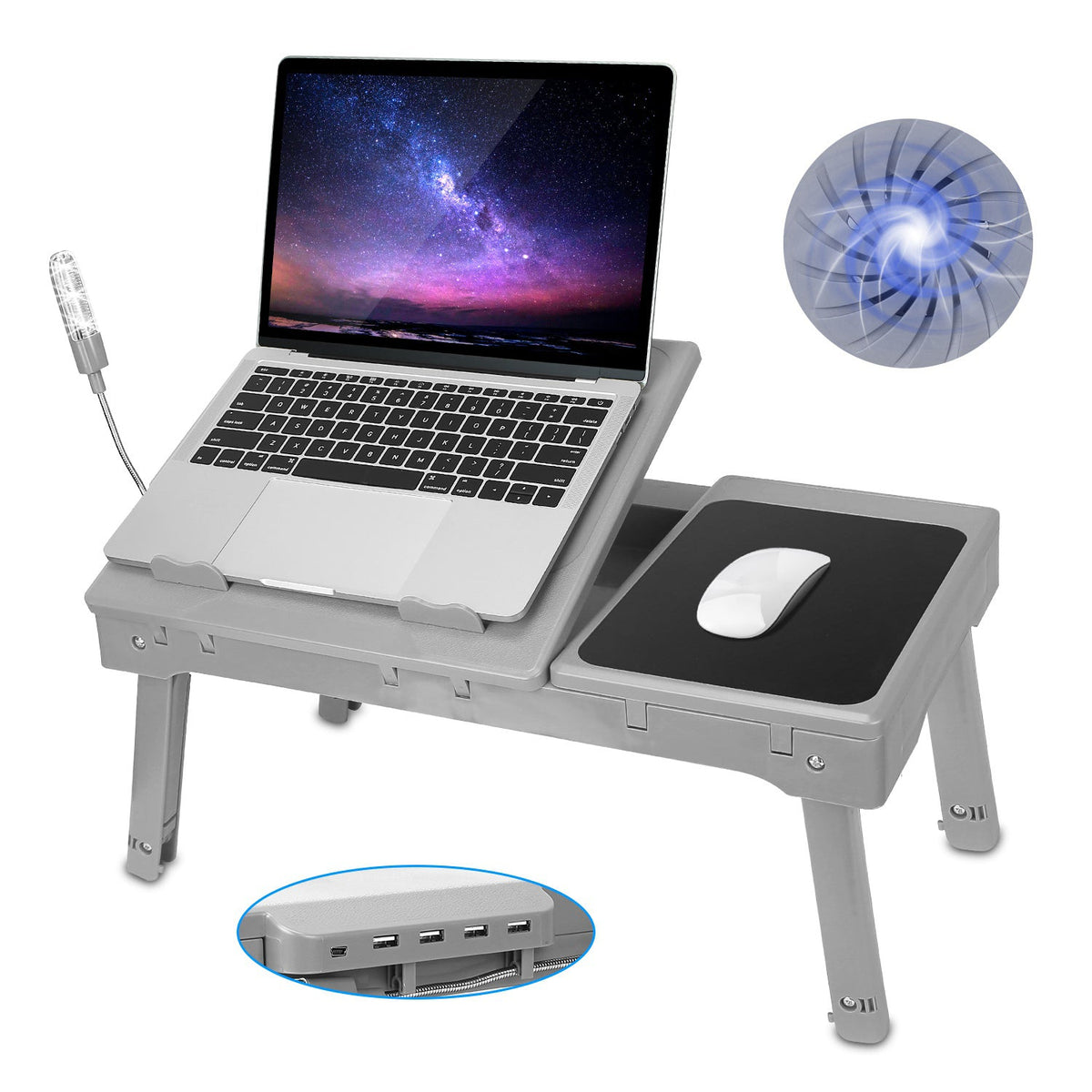Foldable Laptop Table Bed Notebook Desk w/Cooling Fan Mouse Board LED light 4 x USB Ports Breakfast Snacking Tray with Storage Groove For Home Office