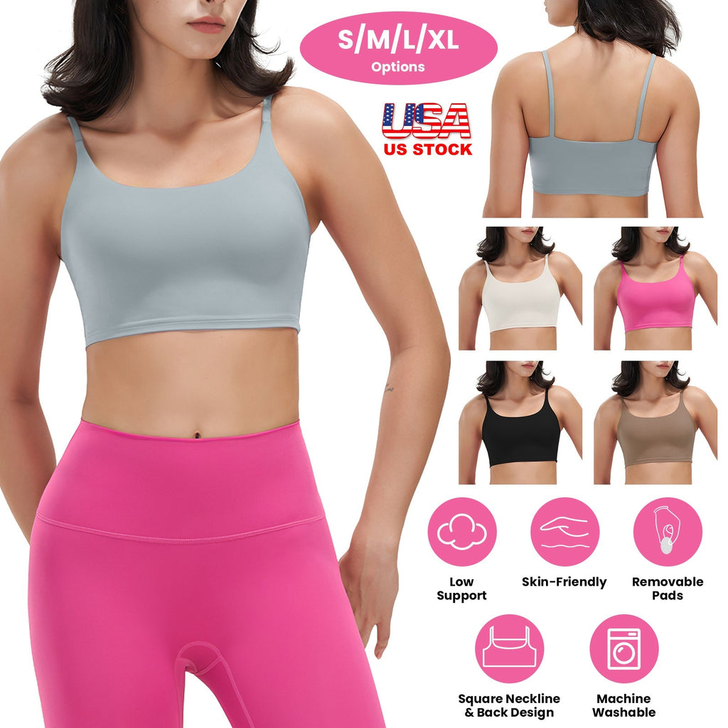Women Strap Sport Bras Padded StrappyÊCrop Square Neck Low Impact Bras SexyÊFitnessÊTank Tops with Removable Pads Flat Straps for Gym Yoga Workout Run