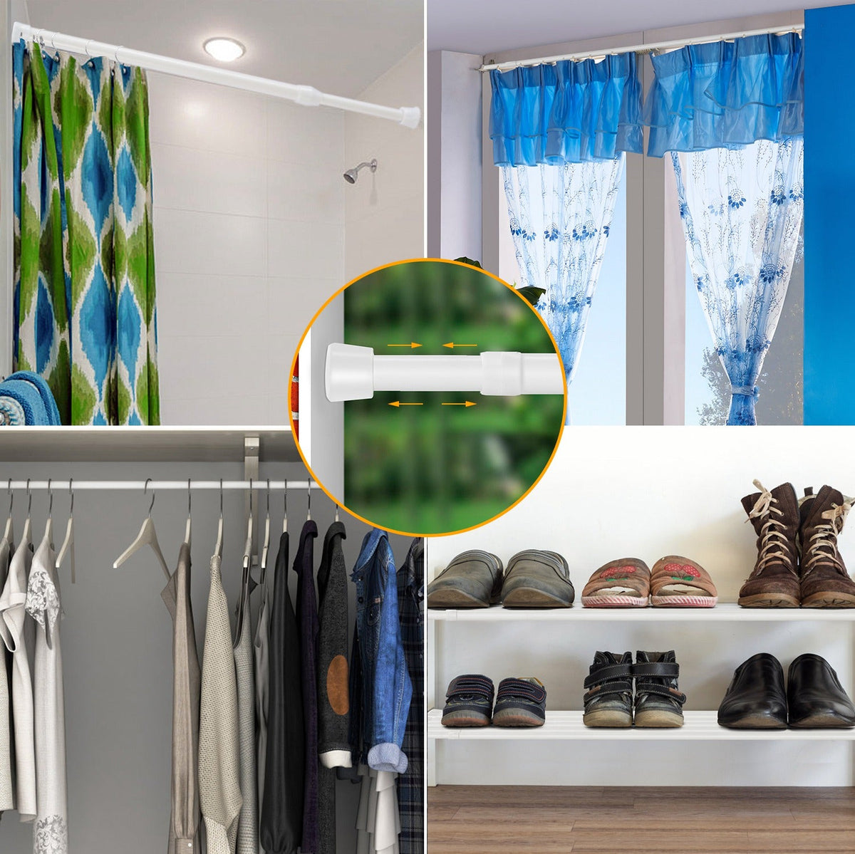 Tension Curtain Rod Spring Load Adjustable Curtain Pole Heavy-Duty Steel 4 Sizes for Bathroom Wardrobe Kitchen Balcony