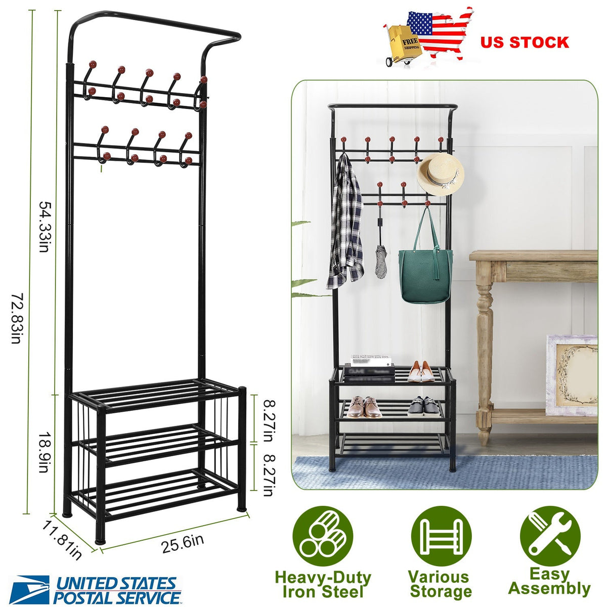 Metal Entryway Coat Shoe Rack Hall Tree w/ 3-Tier Shoe Bench Shoe Storage 18 Hooks Coat Hat Rack