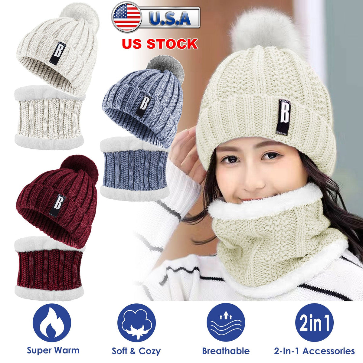 Winter Beanie Hat Scarf Set Women Warm Knitting Skull Cap Neck Warmer for Walking Running Hiking Camping Outdoors Gift