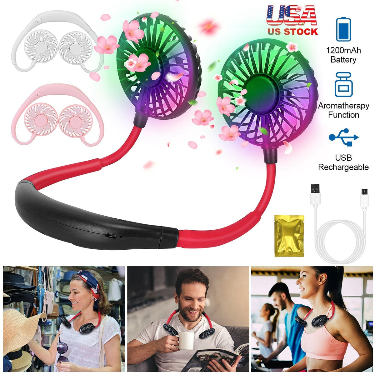 Neck Hanging Fan Hand Free Portable Aromatherapy USB Fans 360¡Rotatable Rechargeable Dual Cooling Fans w/Color Changing Led