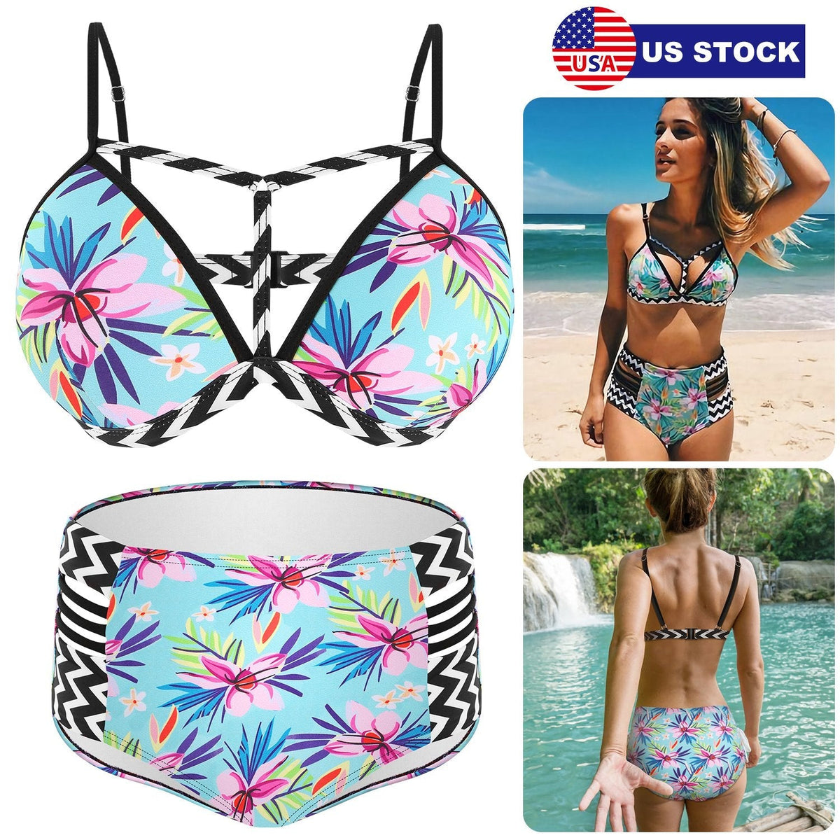 Bikini Swimsuit For Women Floral Padded Push Up Bikini Sets Two Pieces High-Waist Swimwear w/ Adjustable Shoulder Straps For Beach Swimming Pool