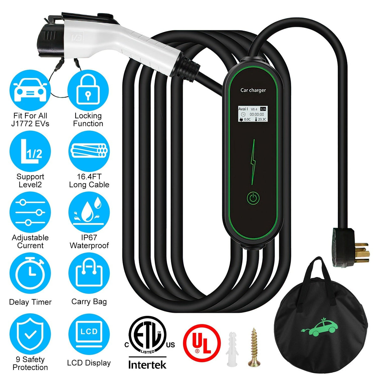 Level2 EV Charger Portable Electric Vehicle Charging Station with NEMA 6-20P PlugÊCarry Bag Fit For All J1772 EV and Hybrid Vehicles for Home and Outd