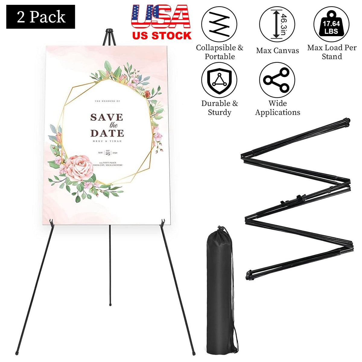 2 Pack Easel Stand for Display 61in Collapsible A Frame Tripod Easel Iron Alloy Drawing Stand with 2 Carry Bags for Wedding Poster Art Drawing Meeting