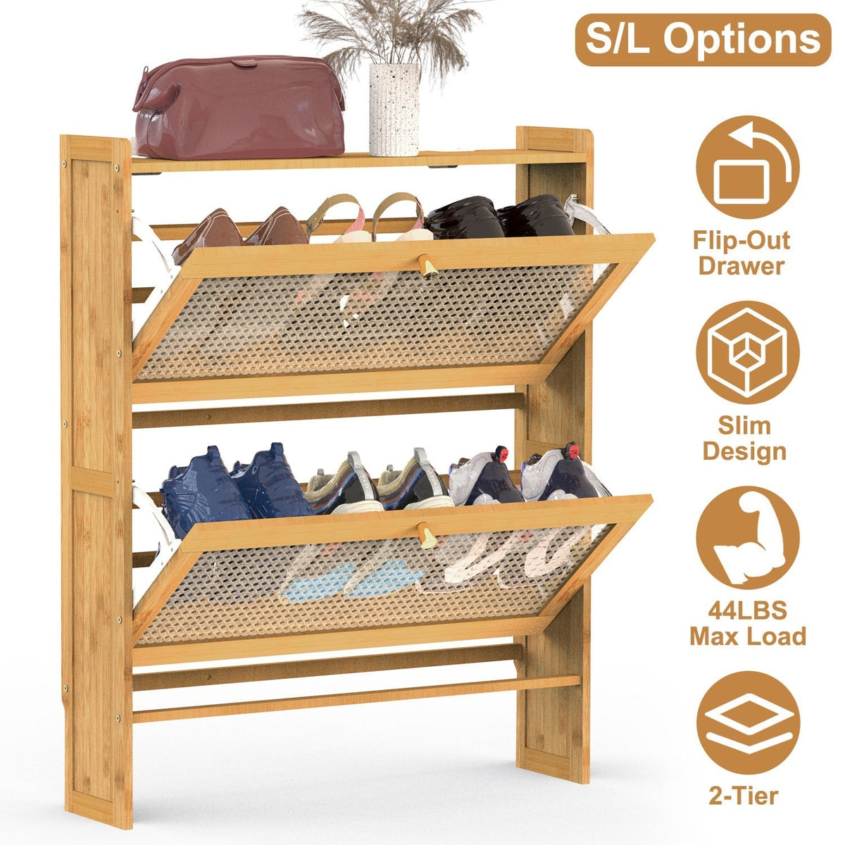 2-Tier Shoe CabinetÊwith 2 Flip Drawers Slim Bamboo Shoe Rack Freestanding Narrow Shoe Organizer with 44lbs Max Load for Entryway Hallway