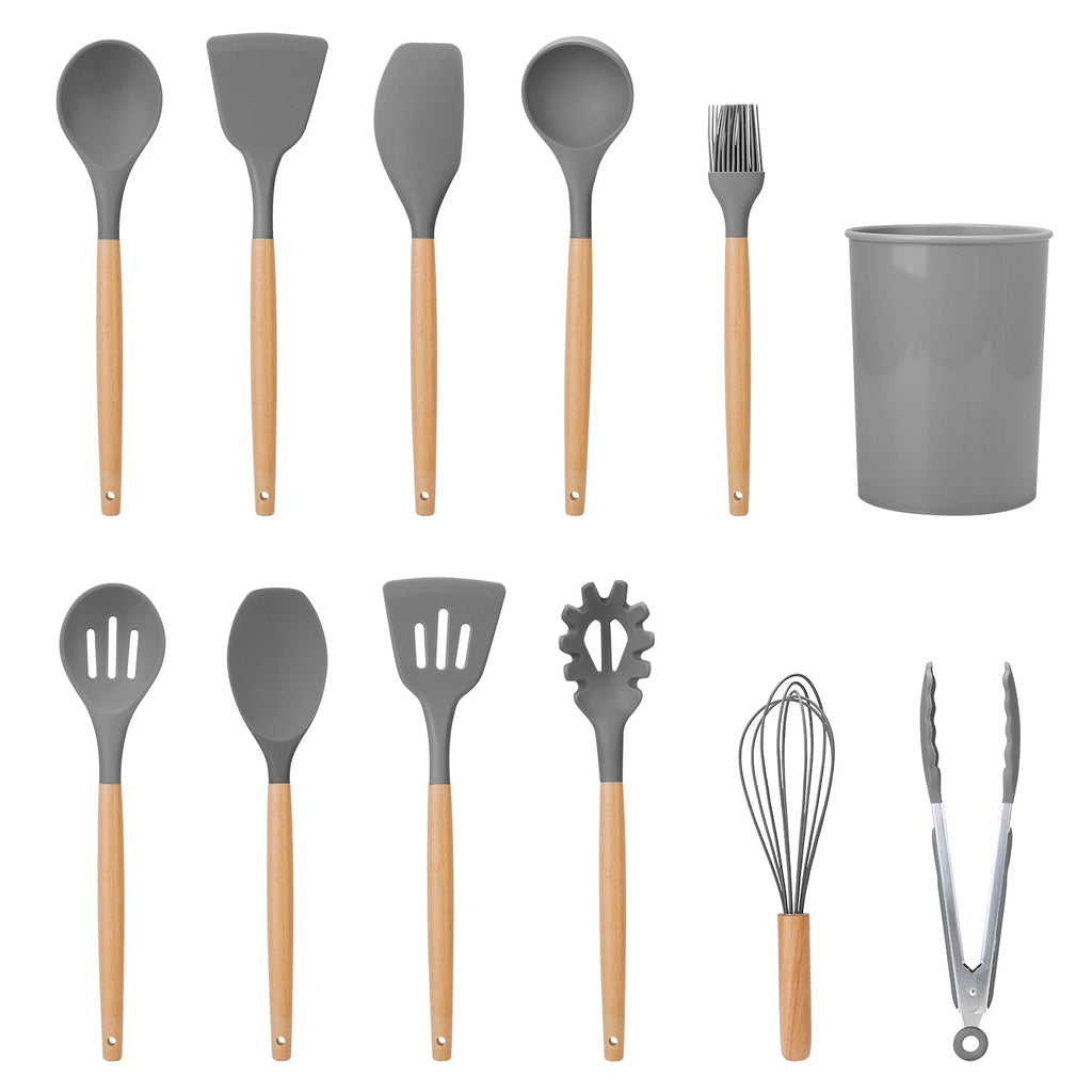 11Pcs Silicone Cooking Utensil Set Heat Resist Wooden Handle Silicone Spatula Turner Ladle Spaghetti Server Tongs Spoon Egg Whish Kitchenware Set w/ H