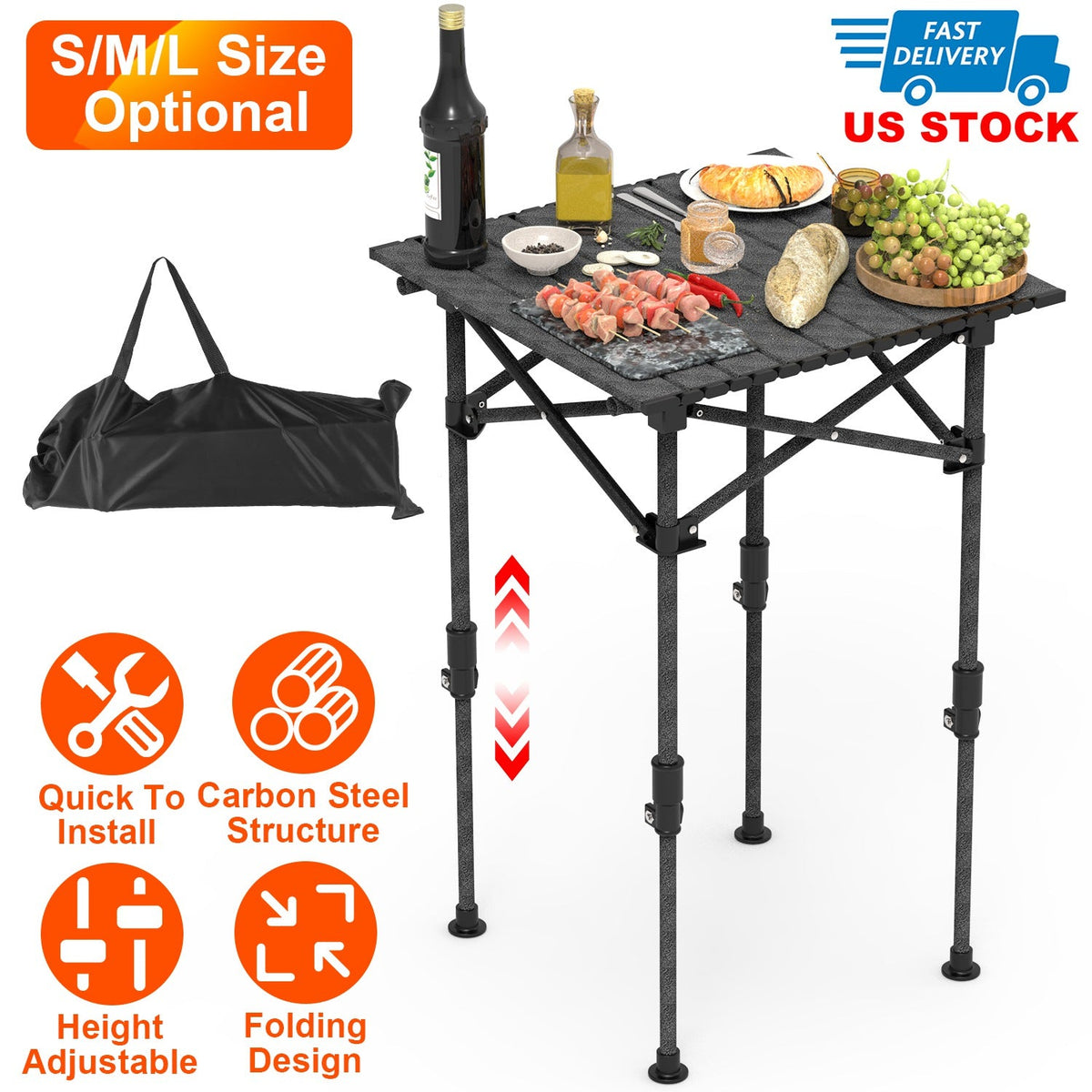 Portable Folding Camping Table With Adjustable Height Rustproof Carbon Steel Foldable Roll-Up Camping Table for Picnic Camping Hiking Beach BBQ 55LBS
