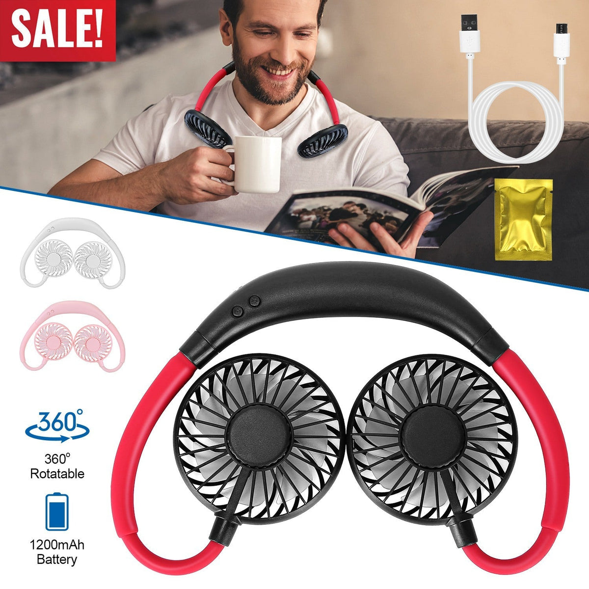 Neck Hanging Fan Hand Free Portable Aromatherapy USB Fans 360¡Rotatable Rechargeable Dual Cooling Fans w/Color Changing Led