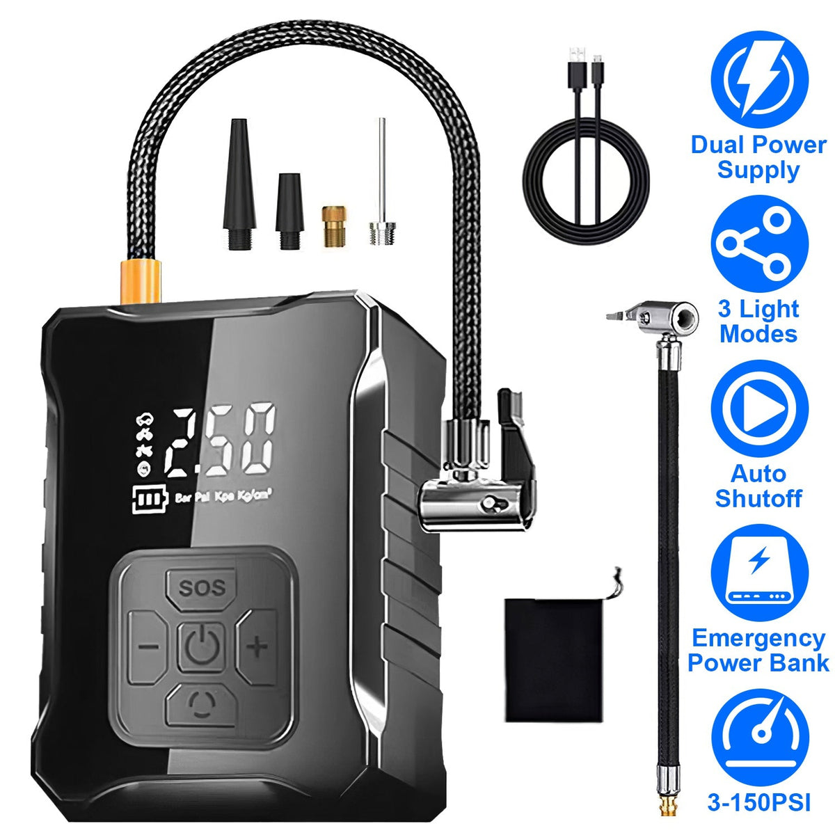 150PSI Cordless Tire Inflator Digital Air Compressor with LED Light Emergency Power Bank for Cars Motorcycles Bicycles Balls