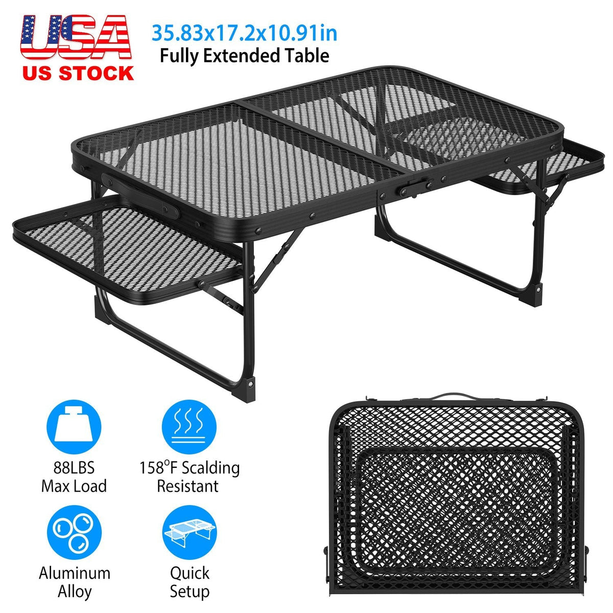 Foldable Camping Table Collapsible Picnic Aluminum Alloy Grill Stand 88LBS Max Load BBQ Table with 2 Side Trays