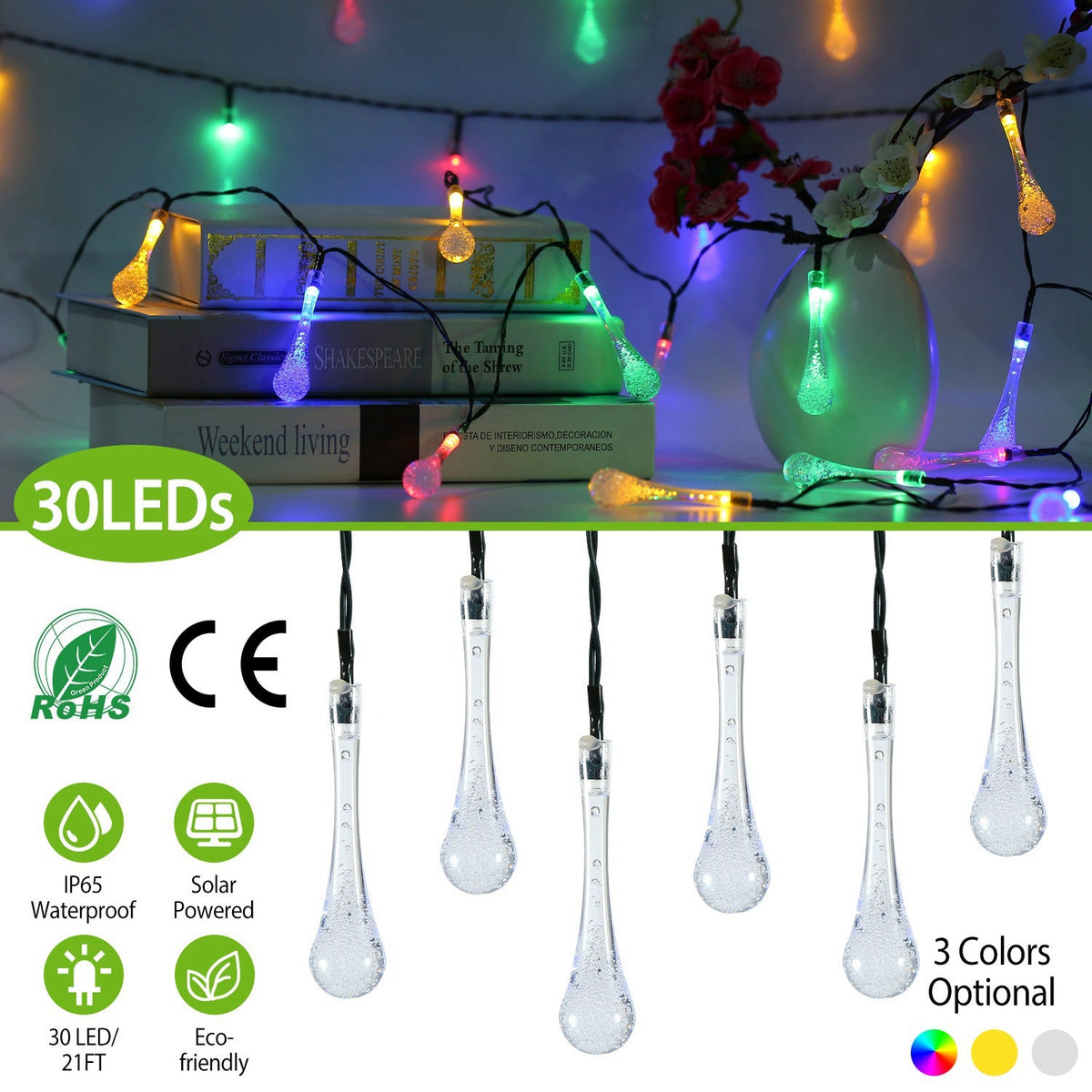Outdoor Solar String Lights 21 Feet 30 LEDs Water Drop Solar Powered Lights Waterproof Solar Fairy Lights Decorative Solar Powered Lights for Home Pat