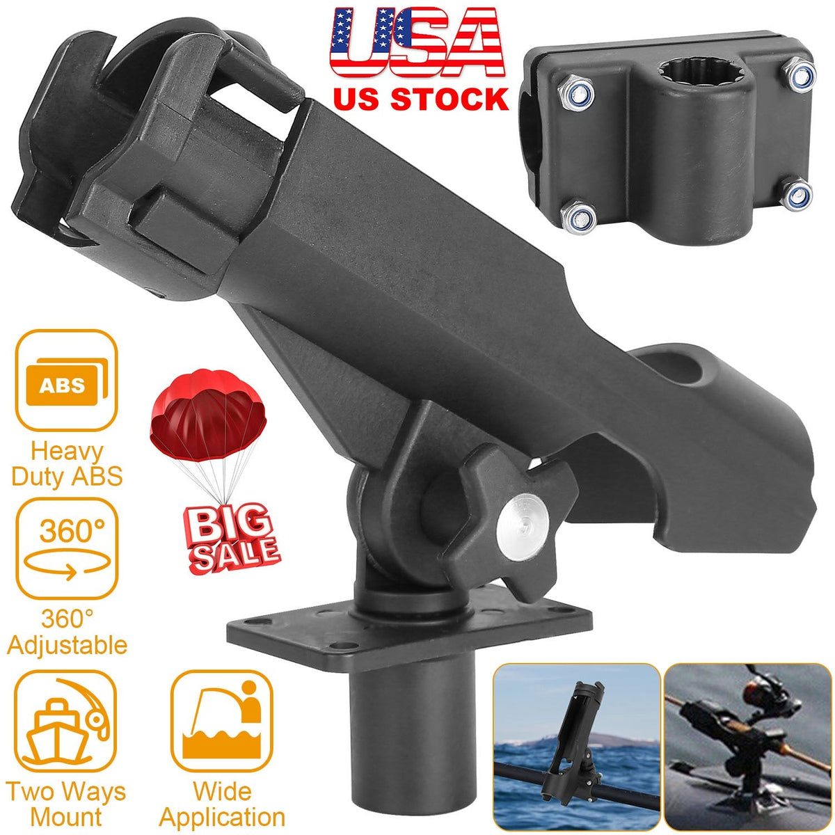 Boat Fishing Pole Rod Holder 360¡ Rotatable Kayak Side Rail Mount Adjustable Folding Rod Holder w/ Large Clamp