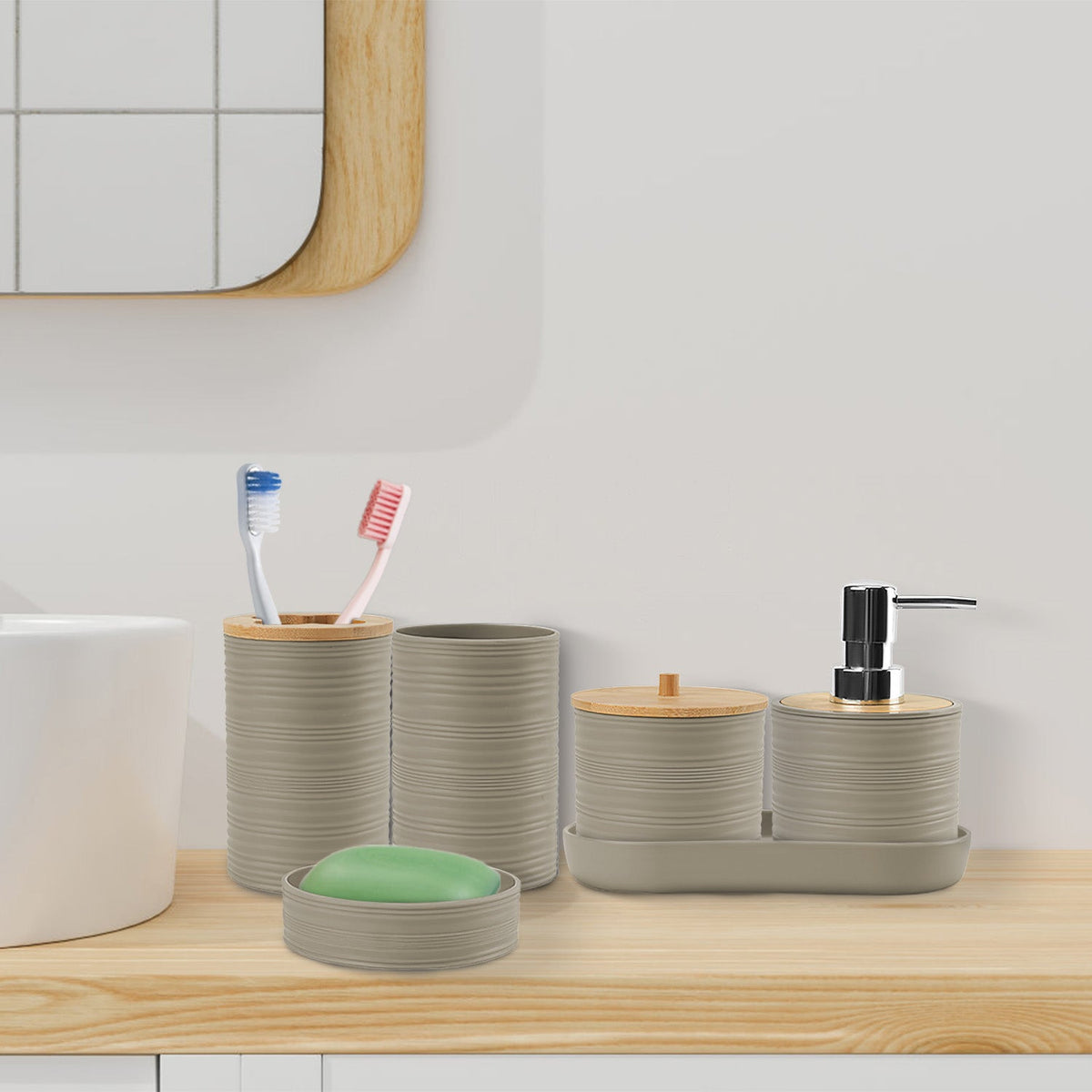 8Pcs Bathroom Accessories Set Bathroom Holder Set with Soap Dispenser Toothbrush Holder Cup Soap Dish Toilet Cleaning Brush Trash Can Qtip Holder Vani