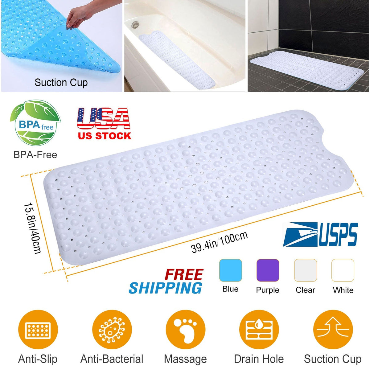 Bath Tub Mat Non-Slip Shower Mat BPA-Free Massage Anti-Bacterial with Suction Cups Washable for Bathroom Kitchen Pool