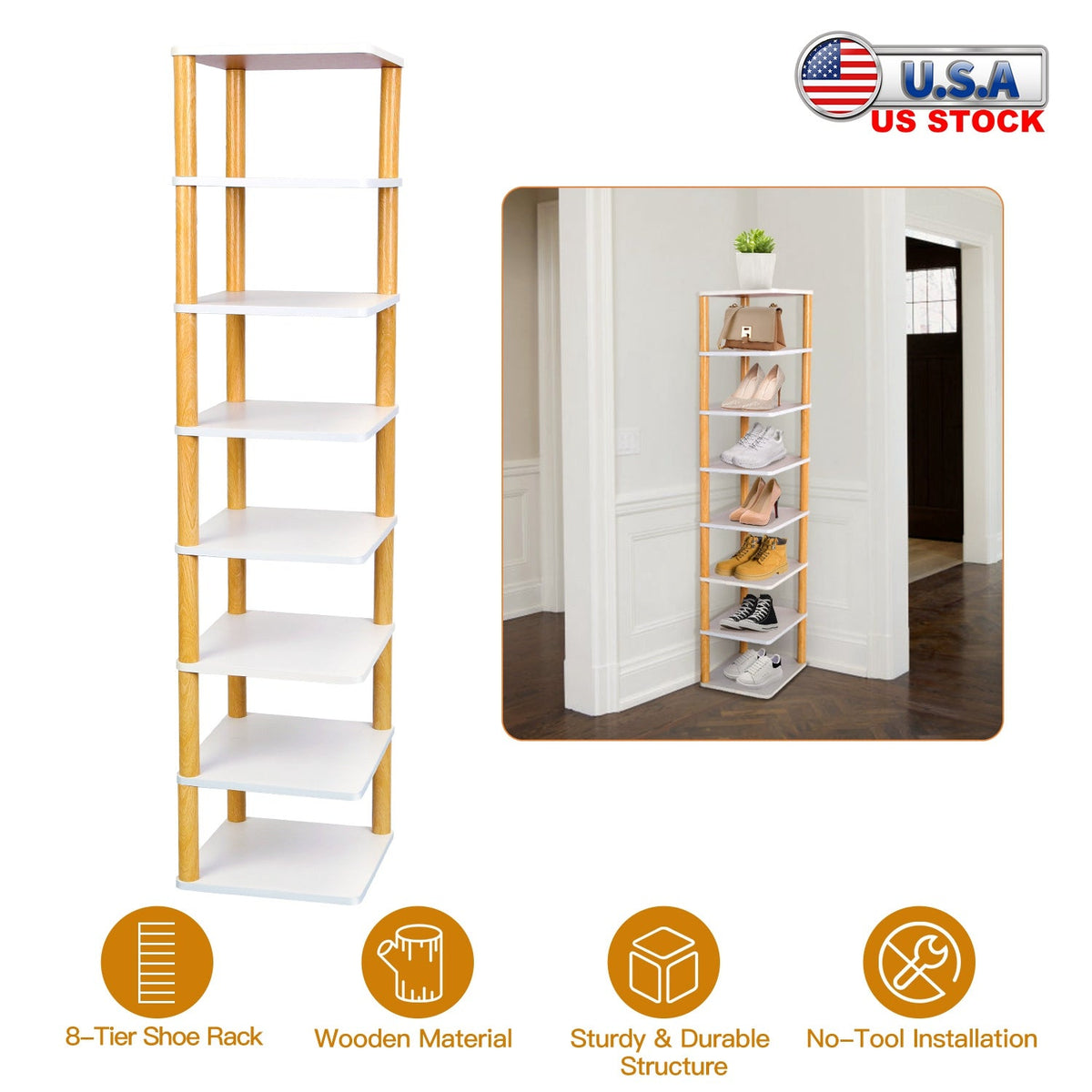8 Tier Entryway Wooden Shoe Rack Vertical Shoe Shelf Stand Storage Organizer Small Space Saving Corner Shoe Tower Entryway Hallway Closet