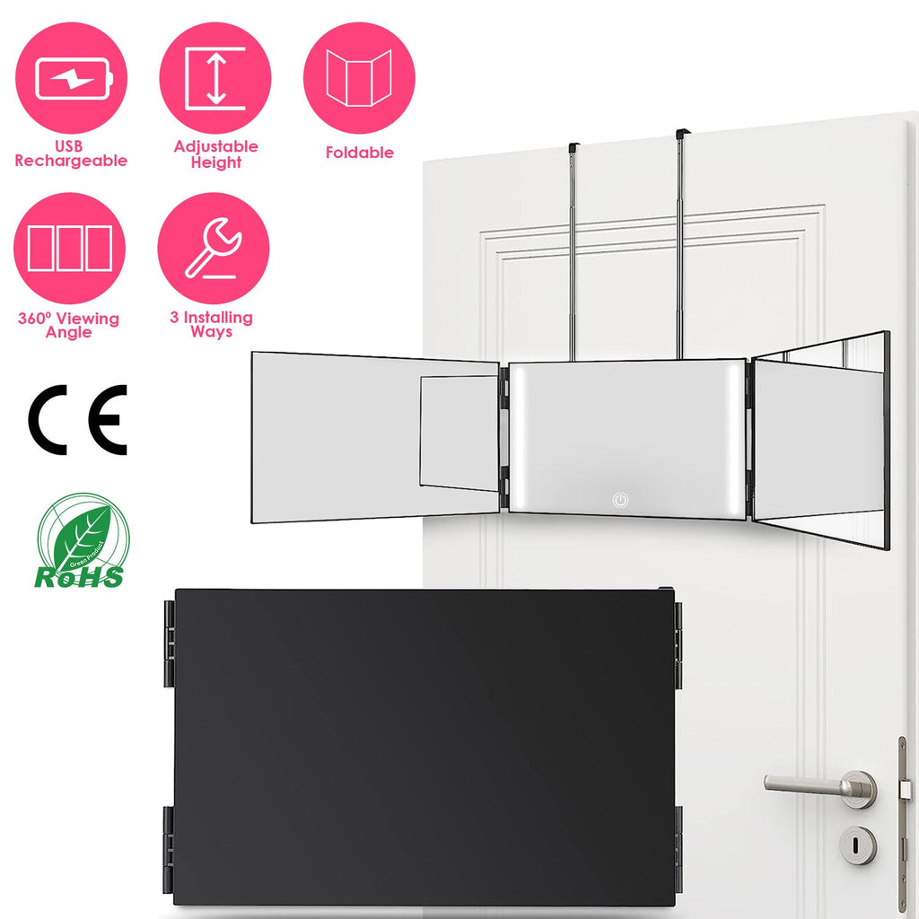3 Way Mirror with LED Telescopic Hanger Tri-fold Mirror Personal Makeup Mirror with Micro USB Cable for Self Shaving Hair Cutting Dyeing Curling Braid