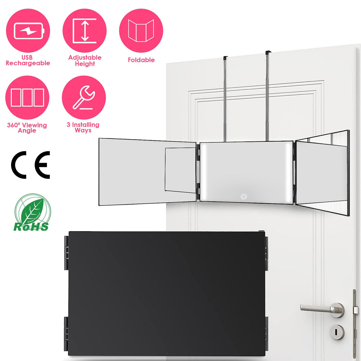 3 Way Mirror with LED Telescopic Hanger Tri-fold Mirror Personal Makeup Mirror with Micro USB Cable for Self Shaving Hair Cutting Dyeing Curling Braid