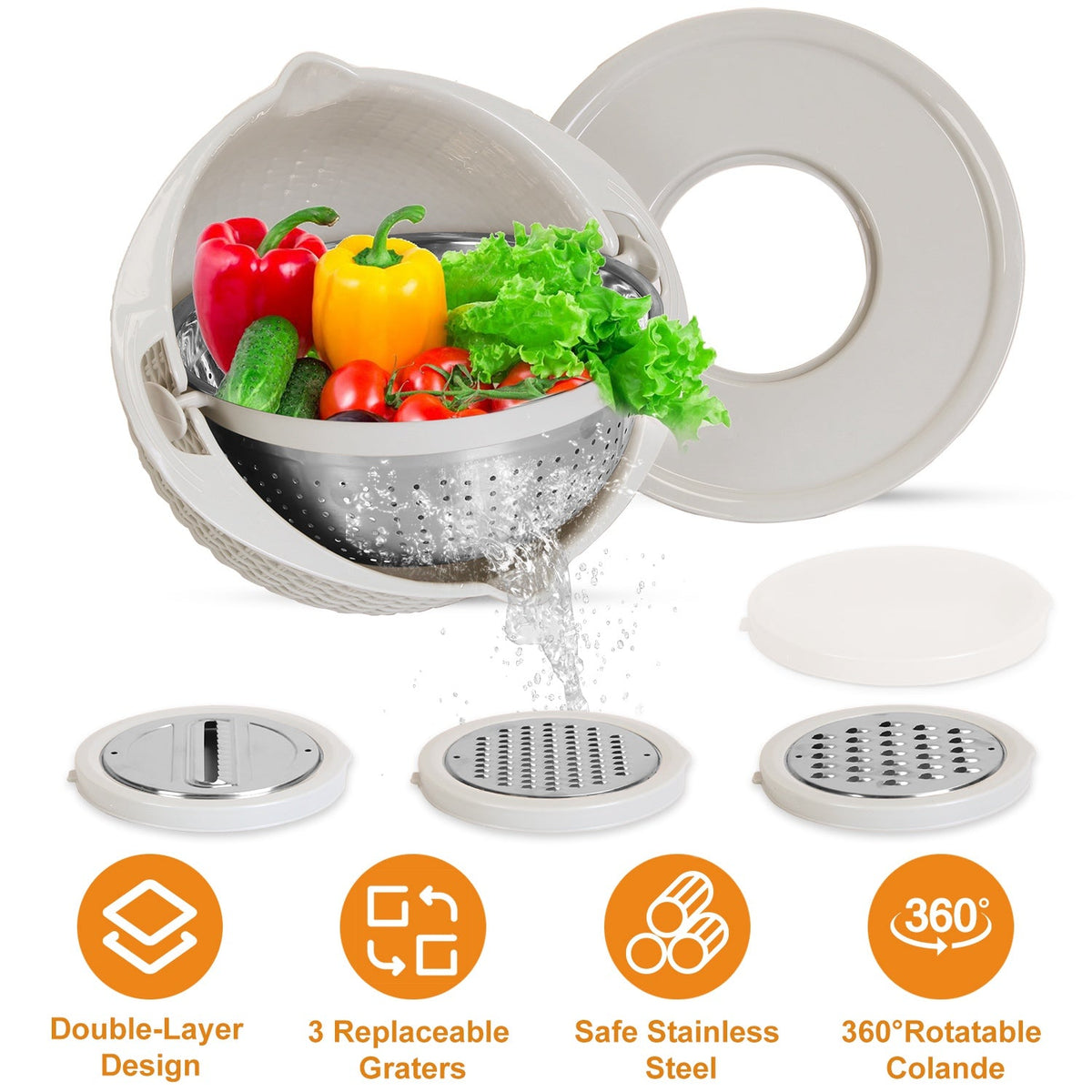 Multifunctional Mixing Bowl with Lid Set 3 Replaceable Graters Food Strainer and Colander Fruit Vegetable Washing Basket Stainless Steel