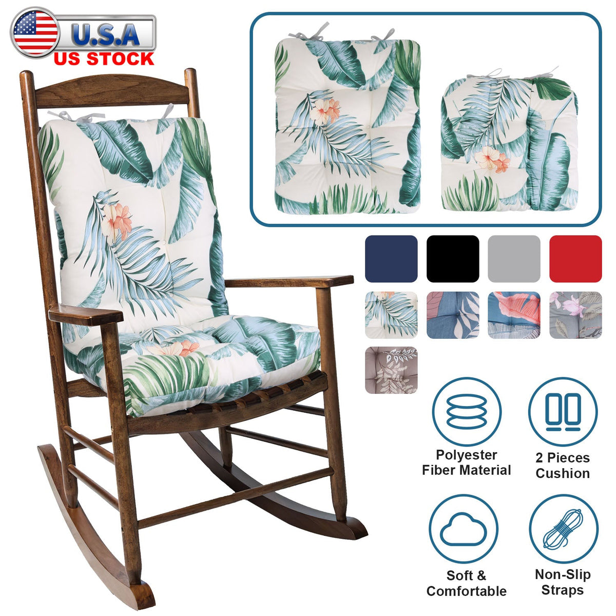 2Pcs Rocking Chair Cushion Upper And Lower Back And Seat Sets with Non-Slip Ties Polyester Fiber Filling Comfortable for Indoor Home Office Car