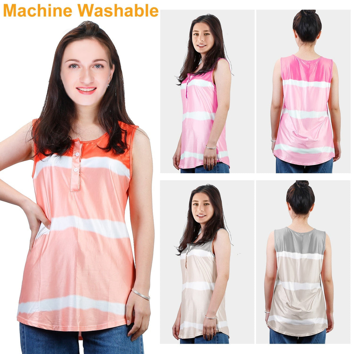 Women Tie-dye Sleeveless Tank Tops Summer Loose T Shirts Tops Button Down Shirts Vest Blouse Plus Size